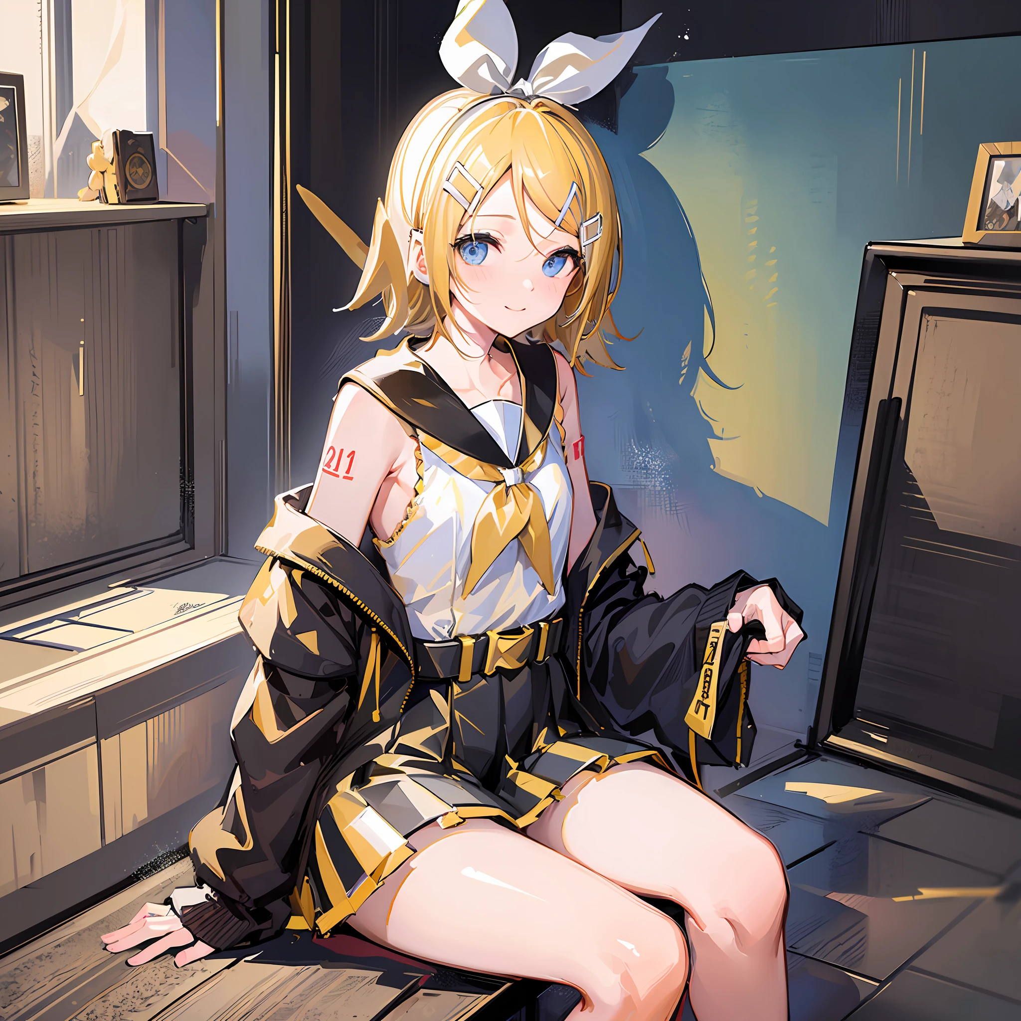 (Masterpiece), (Best Quality), (Illustration), (Ultra Detailed), (High Resolution), Absurdity, One Girl, (Kagamine_Rin:1.5), (Vocaloid), Shoulders are cut off, Short Hair, Hair Clip, Blush, (Blonde), Very Cute Girl, Small, Young, Delicate, Attention to Girl, Living Room, Cute, She, Smile, Best Moment, Sailor Suit, Black Shortscute, belt, blue eyes, bright eyes, cool cute, sit, close legs