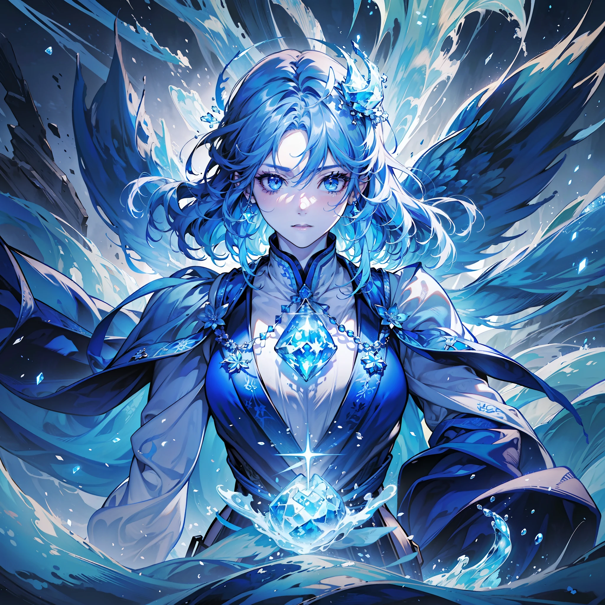 A magician, (loose dress: 1.5), (perfect facial features: 1.4), (blue silk robe), (mysterious magic formation: 1.2), ((ice dragon)), (ice crystal scales), blue light, (frost wings), powerful ice magic, icicles, towering into the clouds, blue cold light, ice storm, cold wind, flying ice and snow, spectacular effects, best quality, masterpiece, super high resolution, fine details, complex details, 8K resolution, 8KUCG wallpaper, HDR, aqua blue, magic array, cinematic lighting, chiaroscuro, ray tracing, NVIDIA RTX