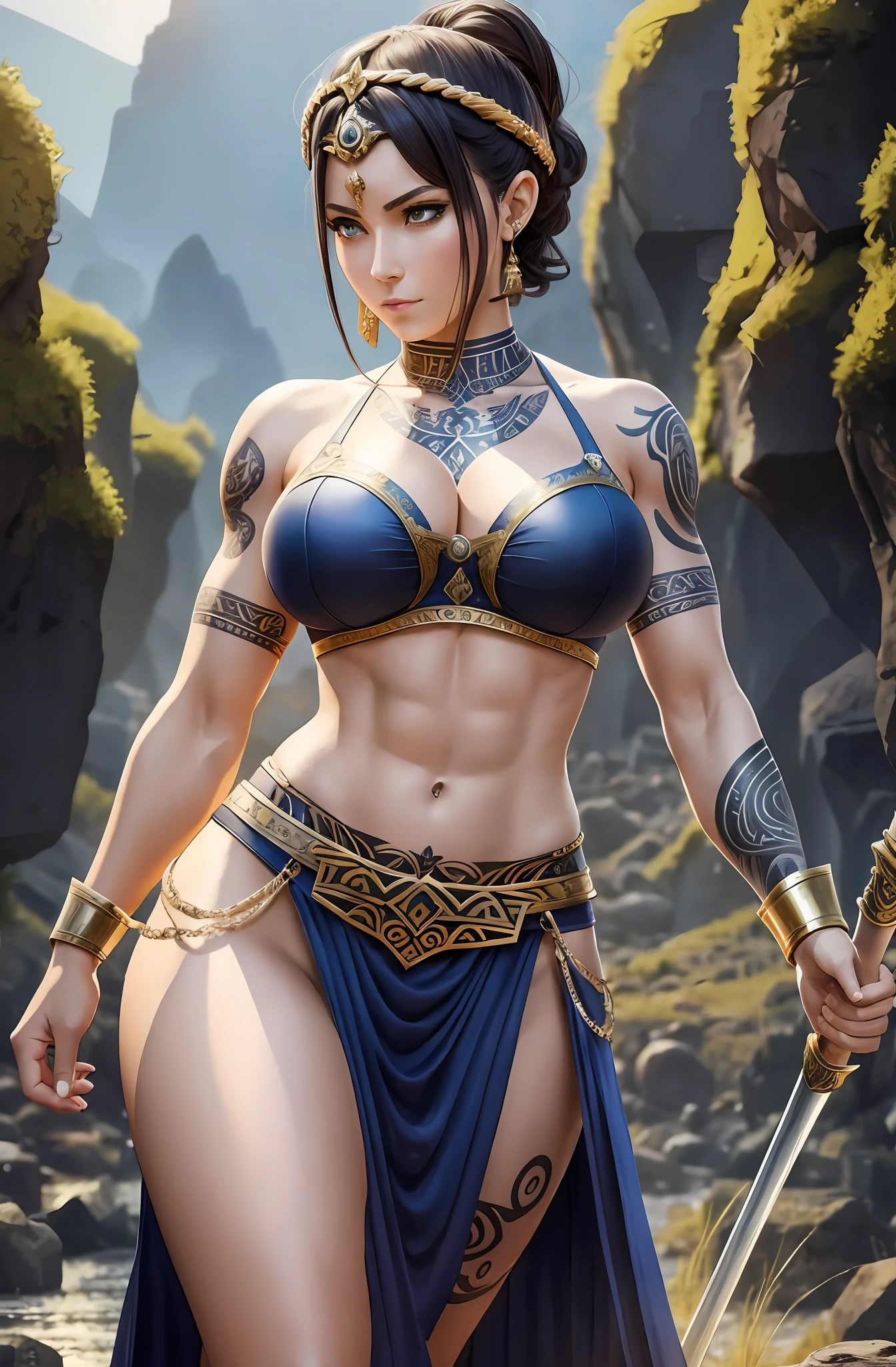 Surreal female warrior, surreal goddess of war, surreal goddess of war, Greek mythology mixed Nordic mythology style, full body 8k quality, short hair, tattoos, tattoos on the abdomen, strong muscles, tsundere girl's face, moles under the corners of the eyes, elegant figure, big breasts and big farts, rich skin, first-person perspective, exquisite beauty, mature temperament, flowing skirt, perfect artistic masterpiece.