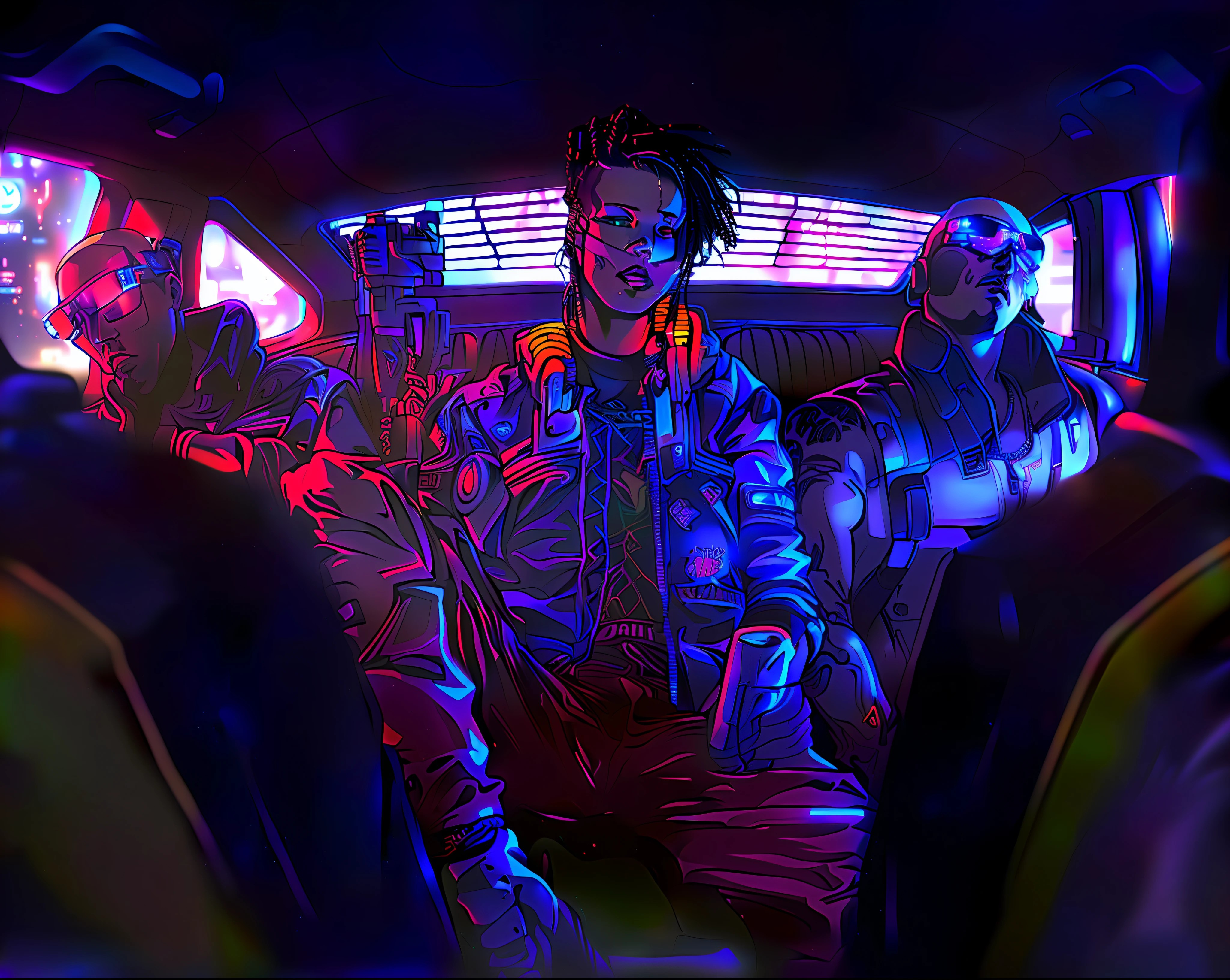 there are three people in a car with neon lights, cyberpunk art style, cyberpunk art, cyberpunk themed art, cyberpunk vibes, cyberpunk artstyle, masterpiece epic retrowave art, epic retrowave art, cyberpunk vibe, in cyberpunk style, cyberpunk illustration, cyberpunk vibrant colors, neon cyberpunk, cyberpunk art 2077, trippie redd, neonpunk, cyberpunk with neon lighting