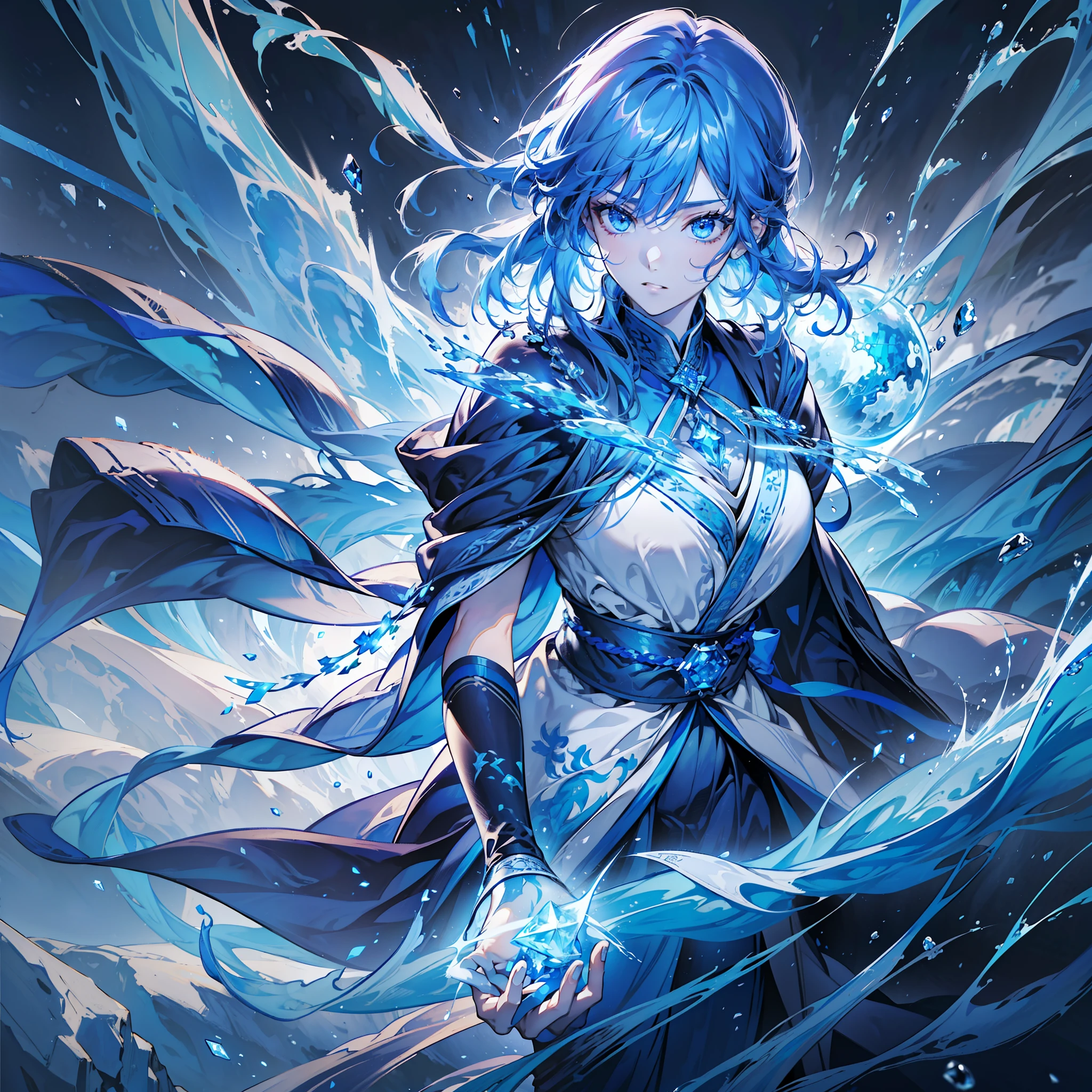 A magician, (loose dress: 1.5), (perfect facial features: 1.4), (blue silk robe), (mysterious magic formation: 1.2), ((ice dragon)), (ice crystal scales), blue light, (frost wings), powerful ice magic, icicles, towering into the clouds, blue cold light, ice storm, cold wind, flying ice and snow, spectacular effects, best quality, masterpiece, super high resolution, fine details, complex details, 8K resolution, 8KUCG wallpaper, HDR, aqua blue, magic array, cinematic lighting, chiaroscuro, ray tracing, NVIDIA RTX