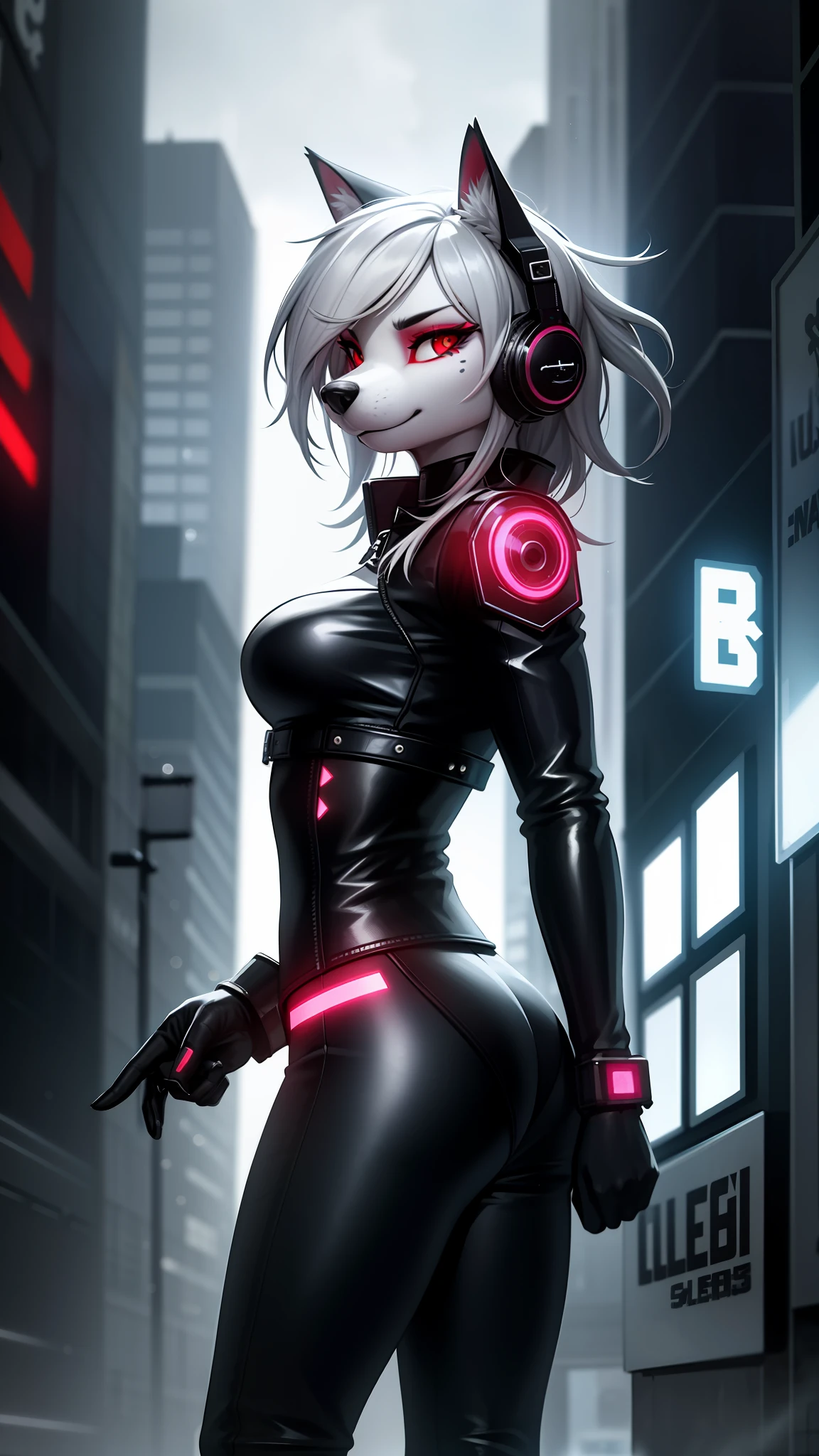 A very detailed portrait of a lone wolf girl standing on a street corner, (anthro, furry, muzzle: 1.2), mustaches, during a storm with lightning and a cloudy sky, neon and cyberpunk background, wears punk clothes and a tight latex pants with silver chains and silver spikes, has a butterfly wing clip in her wild hair, has headphones and a tie, small, detailed bright red eyes with distinct pupils, ominous halo aura, smile, punk, cyberpunk, backlighting, masterpiece, best quality, intricate detail, absurd, high detail Color RAW Photo, highly detailed, rough lighting, cinematic lighting, detailed eyes, distinct pupils, contrast, hard light, gigapixel, 8k resolution, beautiful, cinematic, elegant, hyper-realistic, octane, unreal, unreal, high definition, 8k resolution, highly detailed, 8k uhd, professional lighting, photon mapping, radiosity, physics-based rendering, award-winning photography, detailed face, backlight, ultra-realistic, ray tracing, vivid look, cinematic lighting