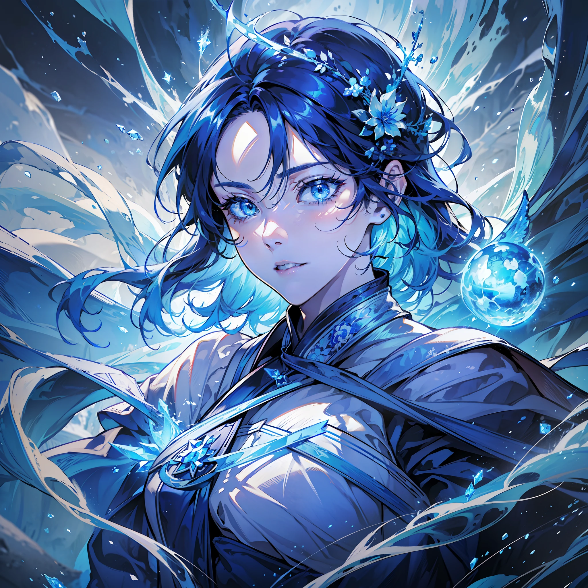 A magician, (loose dress: 1.5), (perfect facial features: 1.4), (blue silk robe), (mysterious magic formation: 1.2), ((ice dragon)), (ice crystal scales), blue light, (frost wings), powerful ice magic, icicles, towering into the clouds, blue cold light, ice storm, cold wind, flying ice and snow, spectacular effects, best quality, masterpiece, super high resolution, fine details, complex details, 8K resolution, 8KUCG wallpaper, HDR, aqua blue, magic array, cinematic lighting, chiaroscuro, ray tracing, NVIDIA RTX