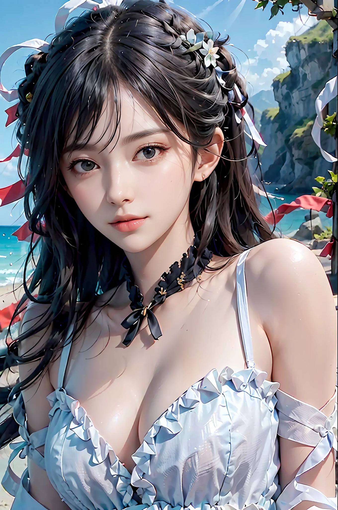 Top quality, ultra high resolution, photo, beautiful woman photo, in her 30s, detailed face, messy fishtail blade in black, (detailed human, delicate clothes with lots of frills and ribbons), beach, (face close-up), seductive appearance, view viewer