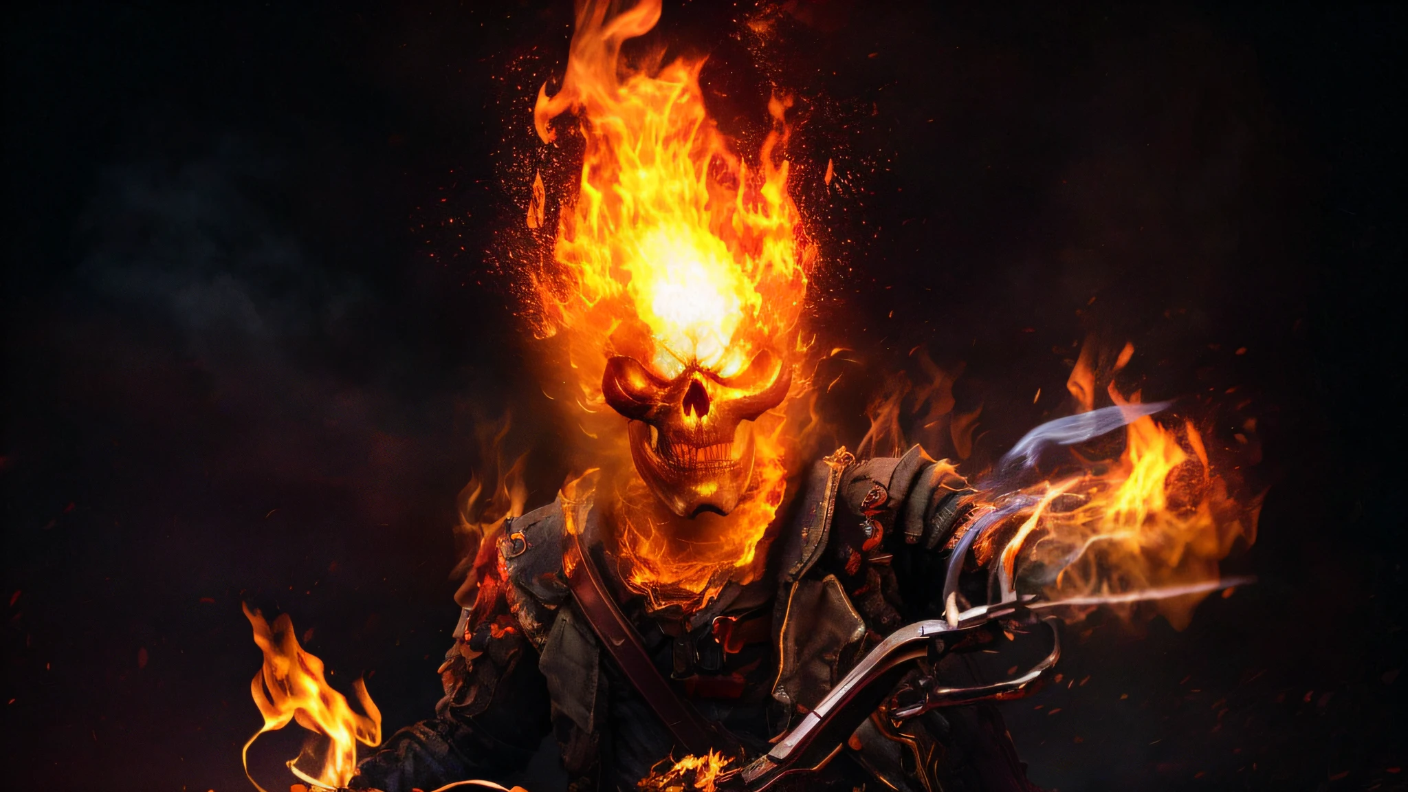 arafed image of a man riding a motorcycle with flames on his face, ghost rider, flaming skull, flaming grim reaper, fiery skull contemplating life, burning in hell, fires!! hyperrealistic, amazing, hell fire, flame conjuring, hellfire, joe biden in hell, hellfire background, avatar image, profile image, fan art, intense smoldering