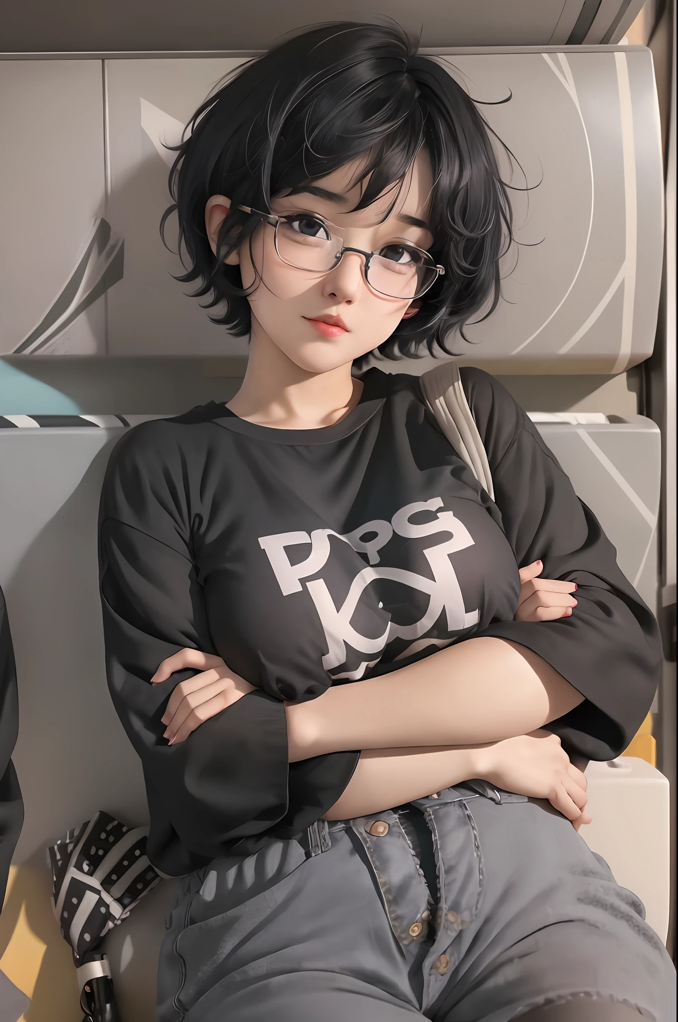 Woman with short unisex hair! Beautiful, very cute and fair! , black hair, young, very cute, glasses!, slightly fat, cute, baby fat!! , two-dimensional, a little colored, shy, short hair, short hair!! Childish, erotica, glasses, plump and sexy