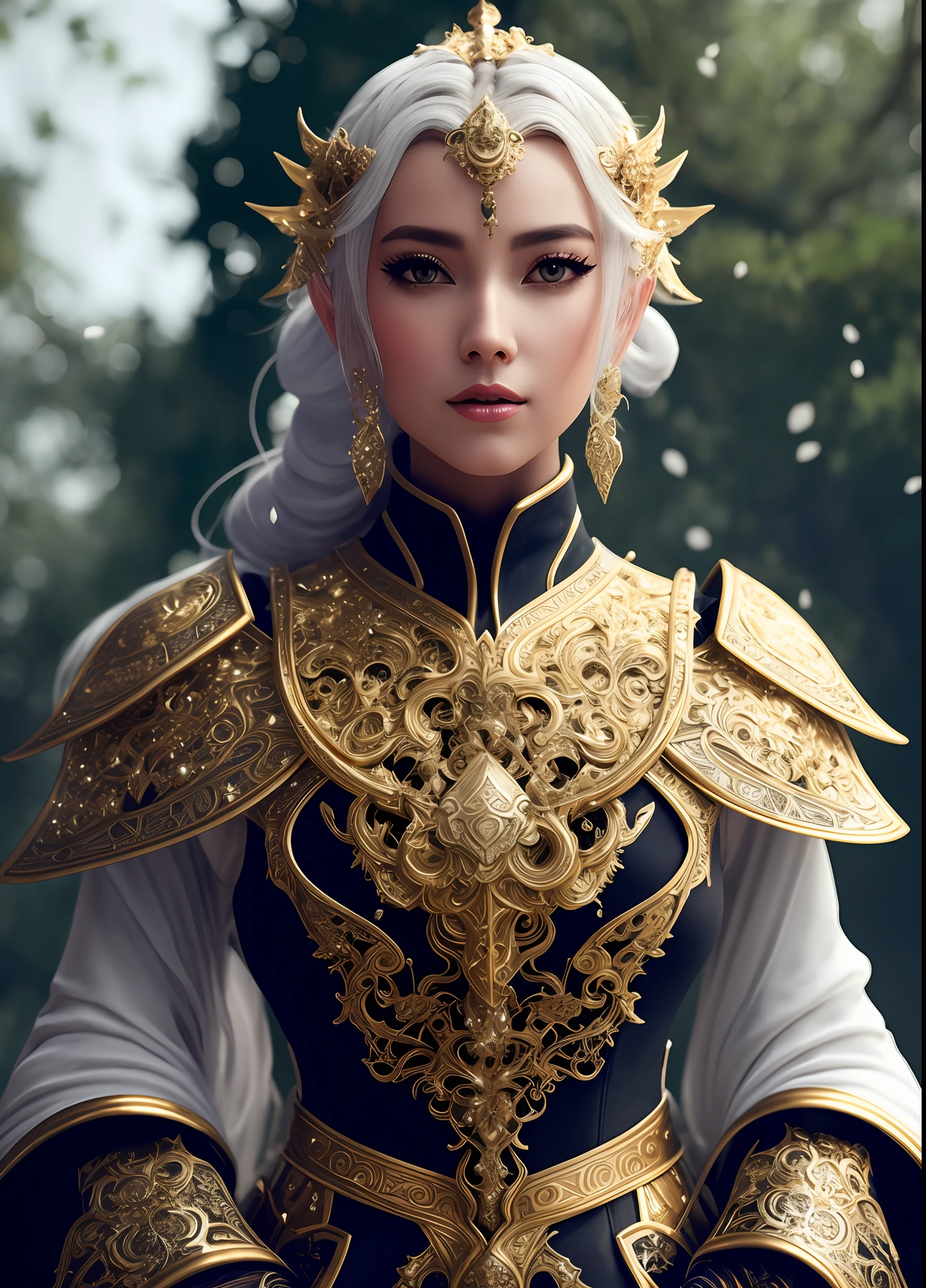 a close up of a woman in a dress with a sword, intricate white and gold armor, intricate costume design, elegant cinematic fantasy art, stunning character art, ornate white and gold armour, 4 k detail fantasy, palace ， a girl in hanfu, beautiful elf with ornate robes, hyperdetailed fantasy character, cgsociety uhd 4k highly detailed