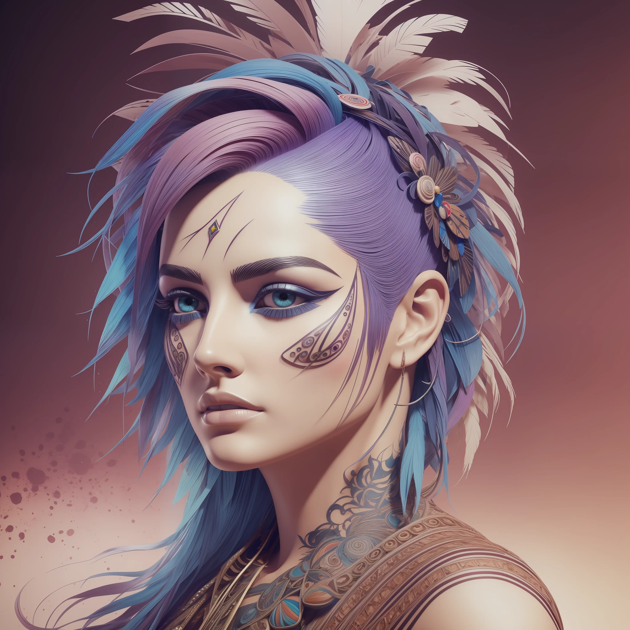 Portrait of a Caucasian, Mohawk haircut, Abstract 32k fashion poster of a beautiful woman, Hair made of 4D paper quilling design, Abstract paper quilling, Detailed symmetrical brown eyes with circular iris, Futuristic powder and dust iris, Woman young HD, HDR, Full ligthe, 12k, night, detailed symmetrical crocodile eyes, Milky Way, city, red/blue/white Apache national clothing, head feathers Mexican skull makeup tattoo, Intricately detailed Splash Art Triadic Color Trend Artstation Unreal Engine 5 Volumetric Lighting, Fantasy Decaying Infinite Details beauty, Fragments of an ancestral legacy, Artistic Nostalgia in the Transitions of Imagination Capricious Resilience; Complex Circular Textures,WLOP Alphonse Beeple Caravaggio, soft colors, watercolor style, by GIlSampaio - studio, octane rendering, 8k, ultra high definition, trends in artstation, by artgerm, h. r. giger