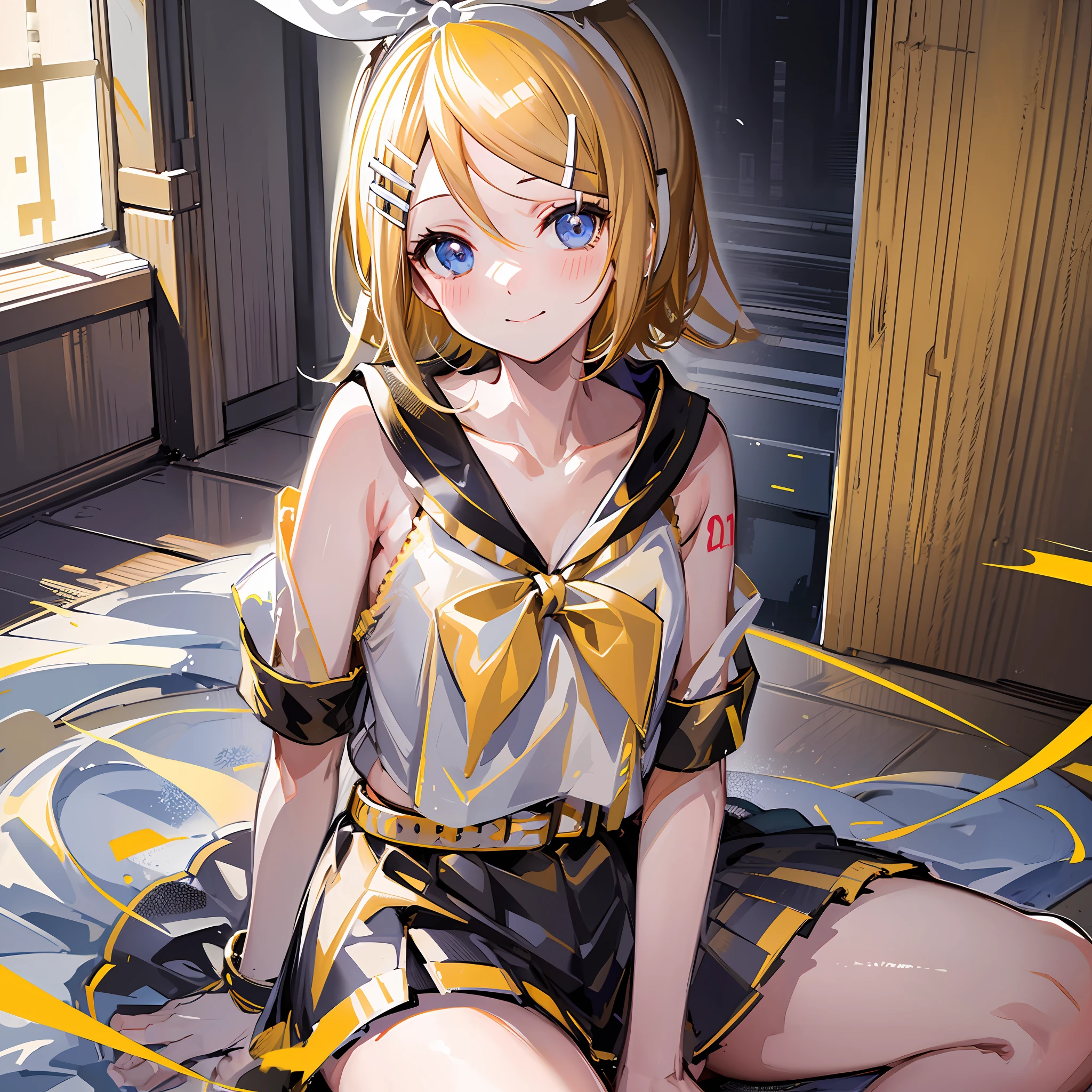 (Masterpiece), (Best Quality), (Illustration), (Ultra Detailed), (High Resolution), Absurdity, One Girl, (Kagamine_Rin:1.5), (Vocaloid), Shoulders are cut off, Short Hair, Hair Clip, Blush, (Blonde), Very Cute Girl, Small, Young, Delicate, Attention to Girl, Living Room, Cute, She, Smile, Best Moment, Sailor Suit, Black Shortscute, belt, blue eyes, bright eyes, cool cute, sit, close legs