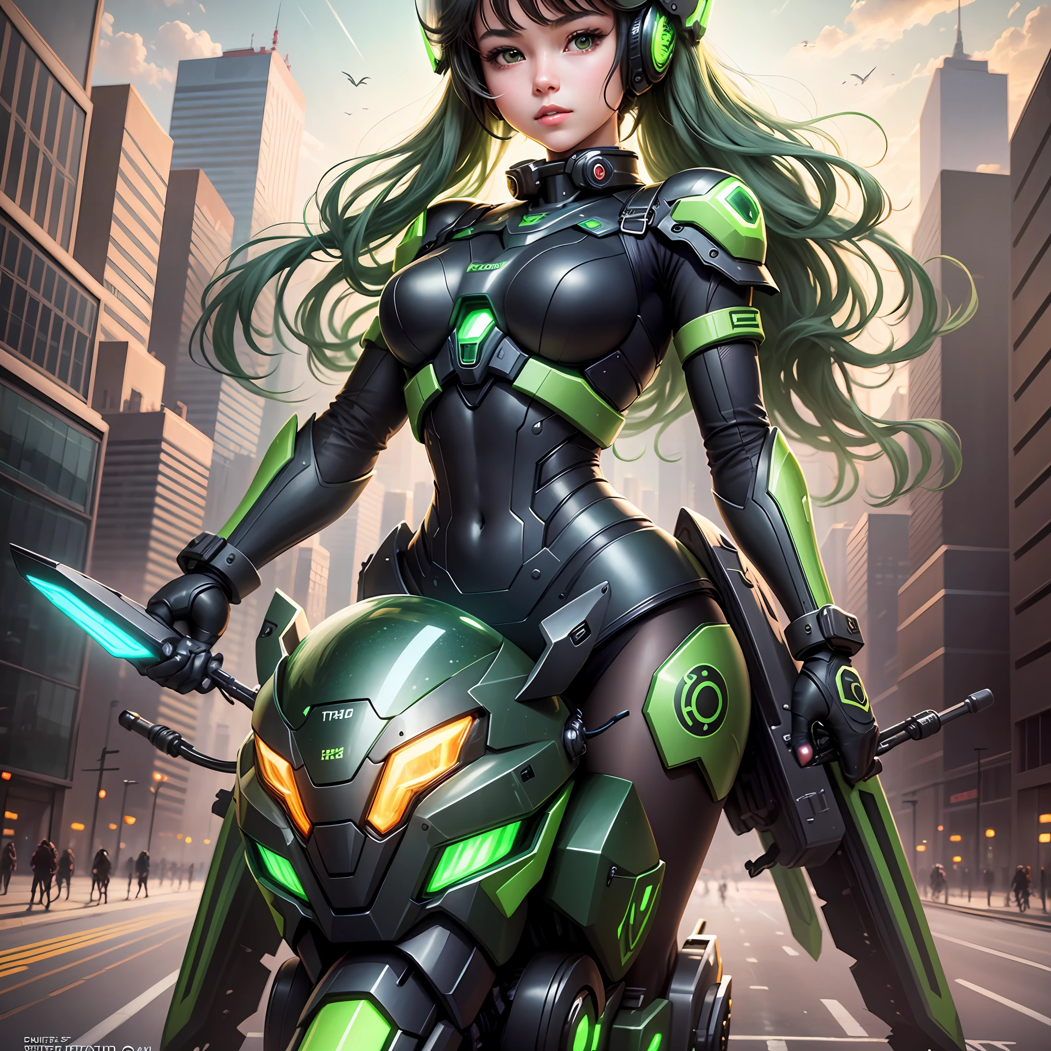 Highest image quality, outstanding details, ultra-high resolution, (realism: 1.4), the best illustration, favor details, highly condensed 1girl, with a delicate and beautiful face, dressed in a black and green mecha, wearing a mecha helmet, holding a directional controller, riding on a motorcycle, the background is a high-tech lighting scene of the future city. --auto --s2