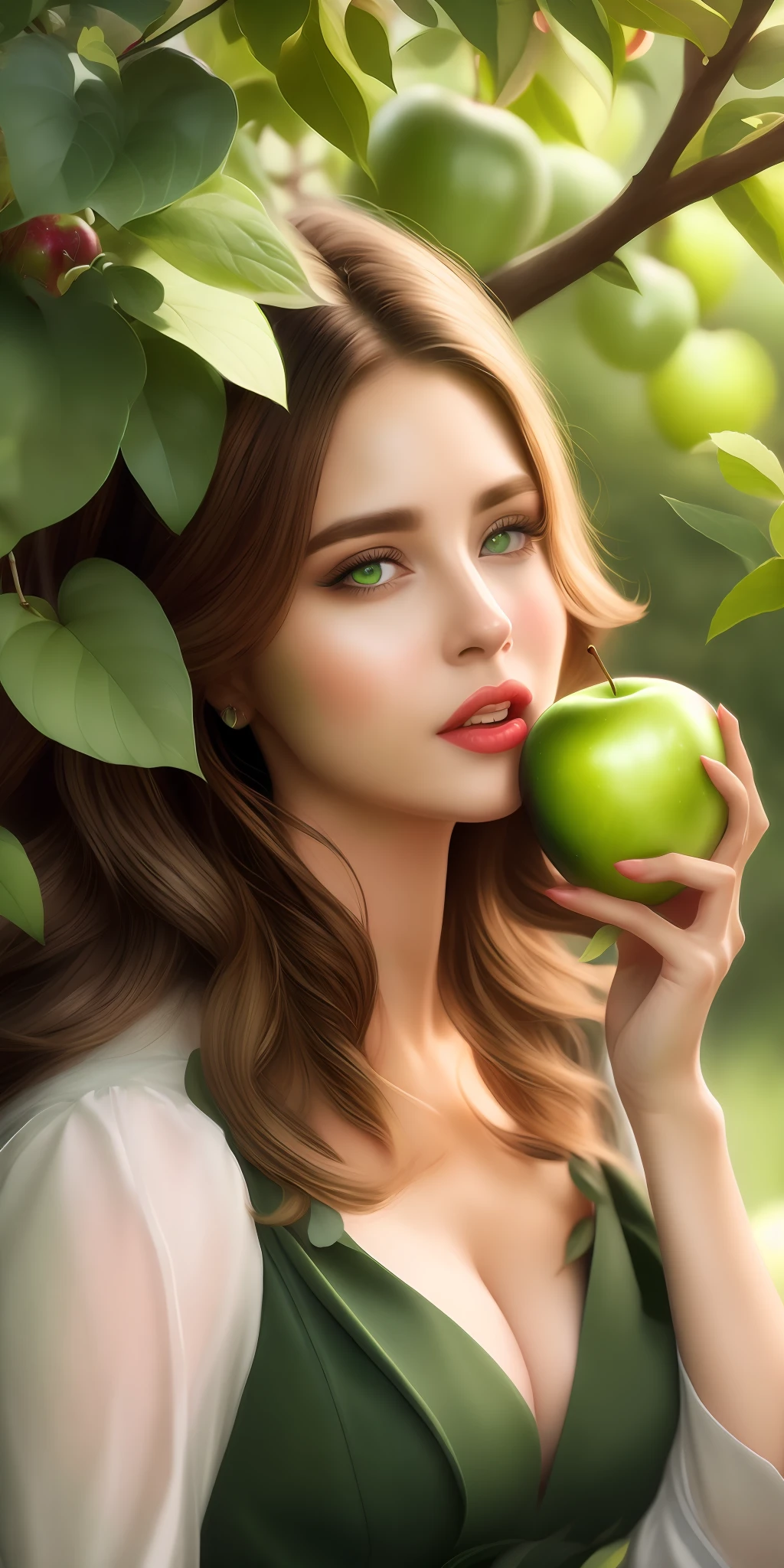 Best quality,highest resolution,8k, artistic illustration, beautiful portrait, masterpiece, most beautiful woman,most beautiful girl, greedy eyes, biting an apple,dressed in leaves, dressed in green leaves,the most beautiful girl in profile in front of an apple tree, greedy eyes,, an apple tree, biting an apple