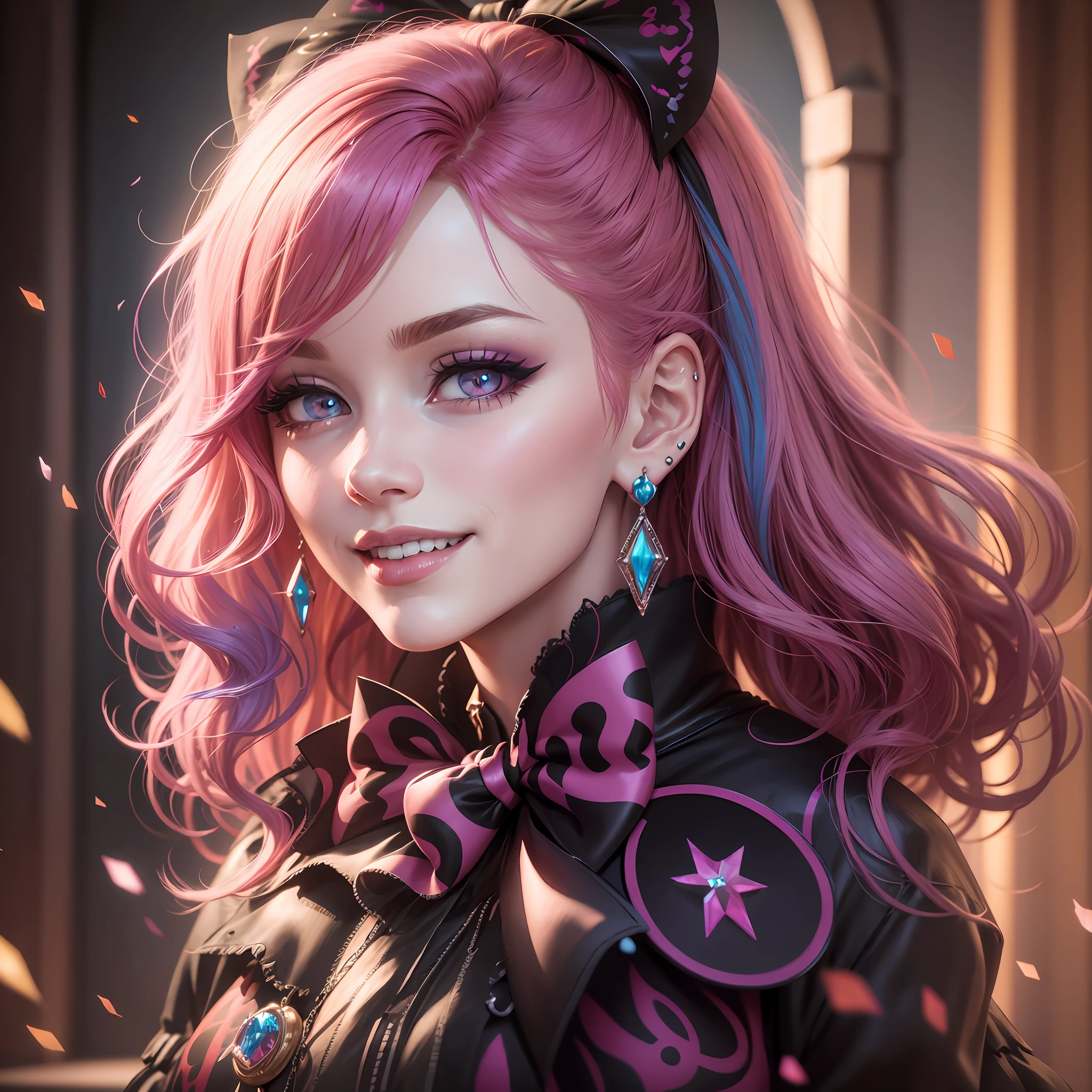 multicolored hair, hair bow, heart-shaped pupils, crystal earrings, fingersmile, Gothic art, cinematic lighting, cowboy shot, UHD --auto --s2