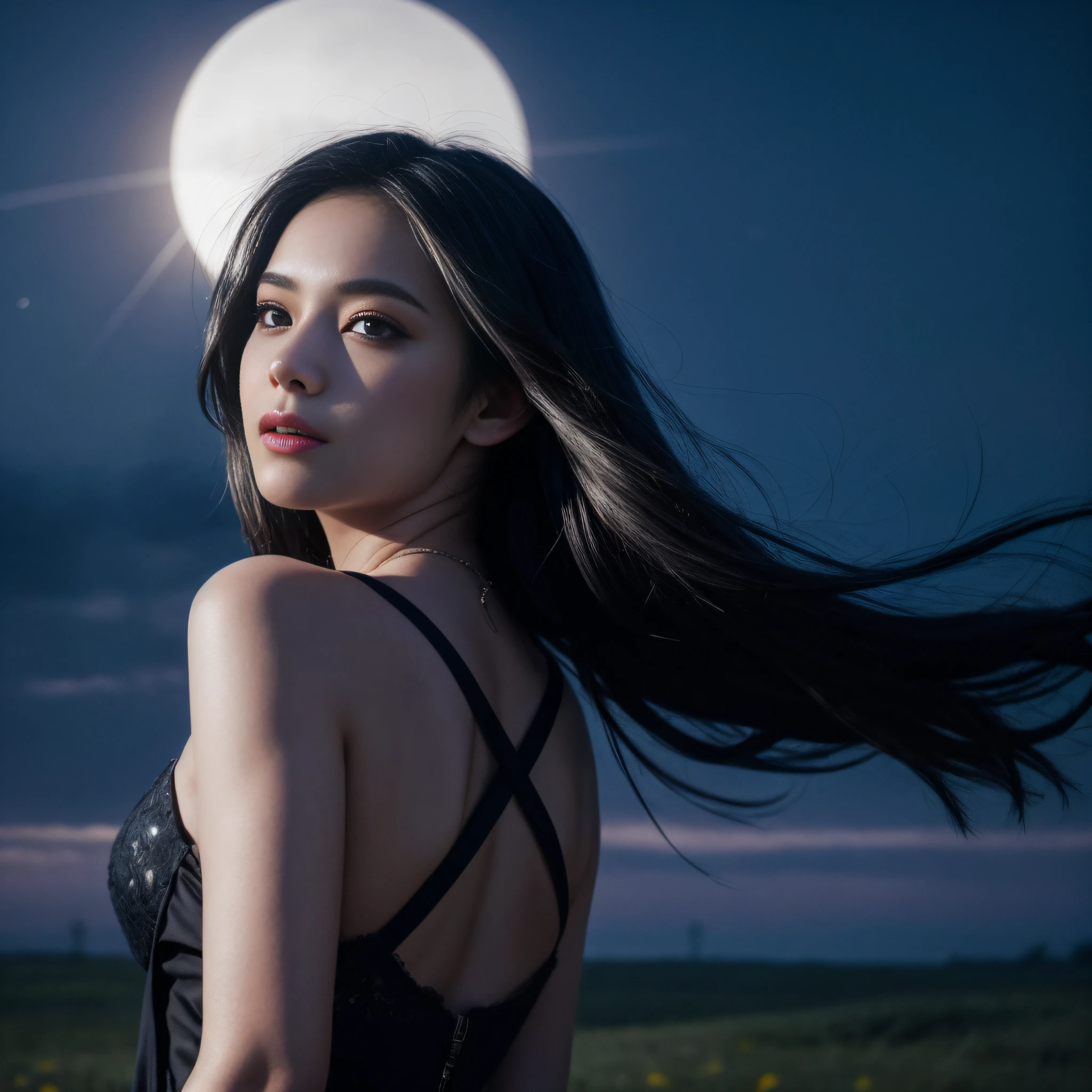 Photo, (Photorealistic: 1.4), (Hyperrealistic: 1.4), (Cinematic: 1.5), Woman in her twenties, long black hair, (beautiful and delicate face), high-quality eyes, dark blue dress, looking back, (midnight), moonlight, (dark blue tones: 2), even darker, silhouette, backlit, meadow, dense fog, Canon EF 24mm, f:1.8,