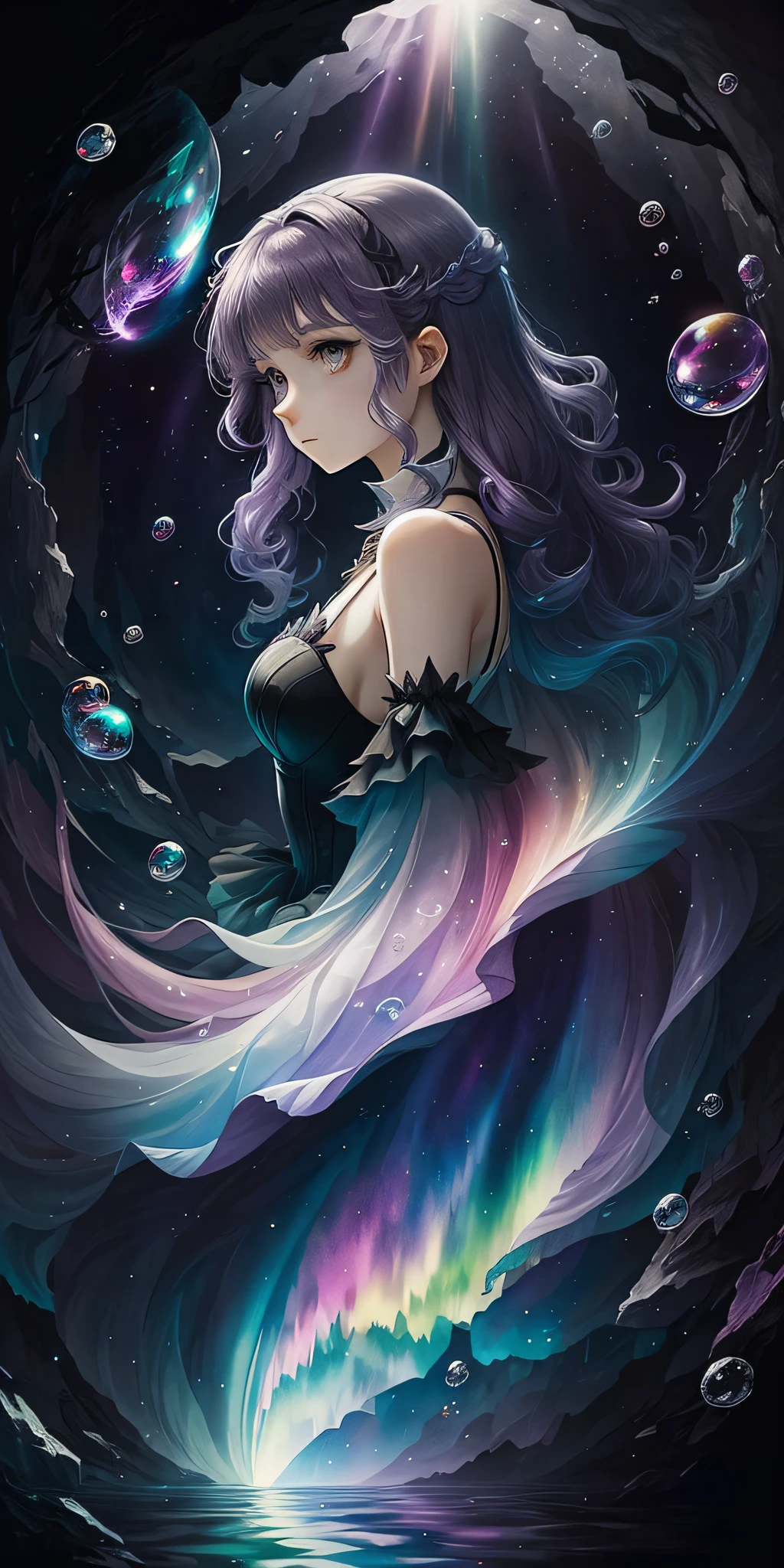 Structural Perfection, (Watercolor), Digital Illustration, Anime Style, Immaculate (Dark Princess: 1.2), Highly Detailed, Volumetric Lighting, Kawaii Soft Colors, Dynamic Composition, Sharp and Clear Image, (Delicate, Sublime: 1.2), Beautiful beyond Words, Purple Hair, Purple Wavy Hair, Fantasy Background, Underwater, Mirrors, Floating Glass Shards, Rainbow Light, Bubble Swirl, Aurora, Starlight Around Characters, (Upper Body)