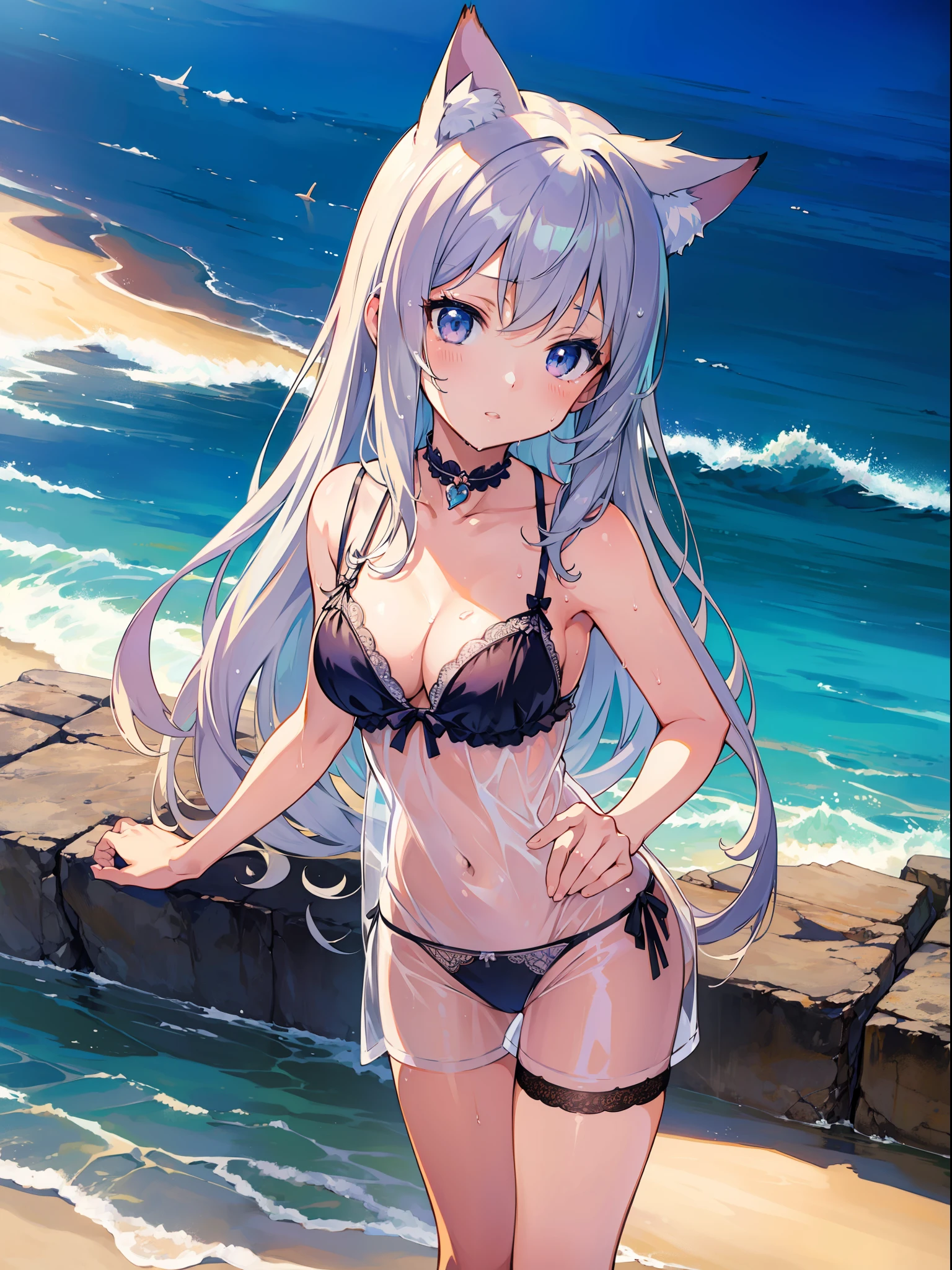 (Masterpiece), (Best Definition Anime Illustration), (Super Definition), One Girl, Solo, Silver-haired Beautiful Girl, Anime Loli, Cat Ear Loli, See-Through Sexy Lingerie, Wet Sheer, Beach