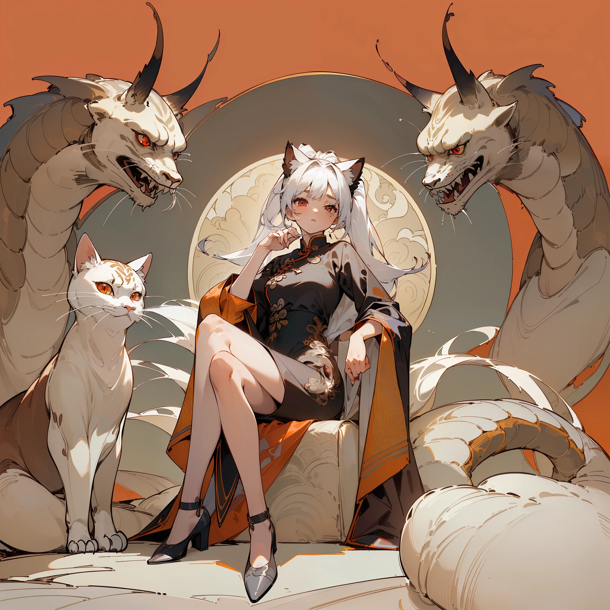 ((Masterpiece)), ((((Best Quality)), Illustration, 1 Girl, Hair Color, Bangs, Hairstyle Fax, Eyes, Environmental Change Scene, Full Length Figure, Hairstyle Fax, Pose Ji Tie, Woman, Long Hem Cheongsam, Cat Ears, White Hair, Red Eyes, Brown Skin, Ponytail, Seated Posture, Dragon (Simple Background, White Background: 1.3)