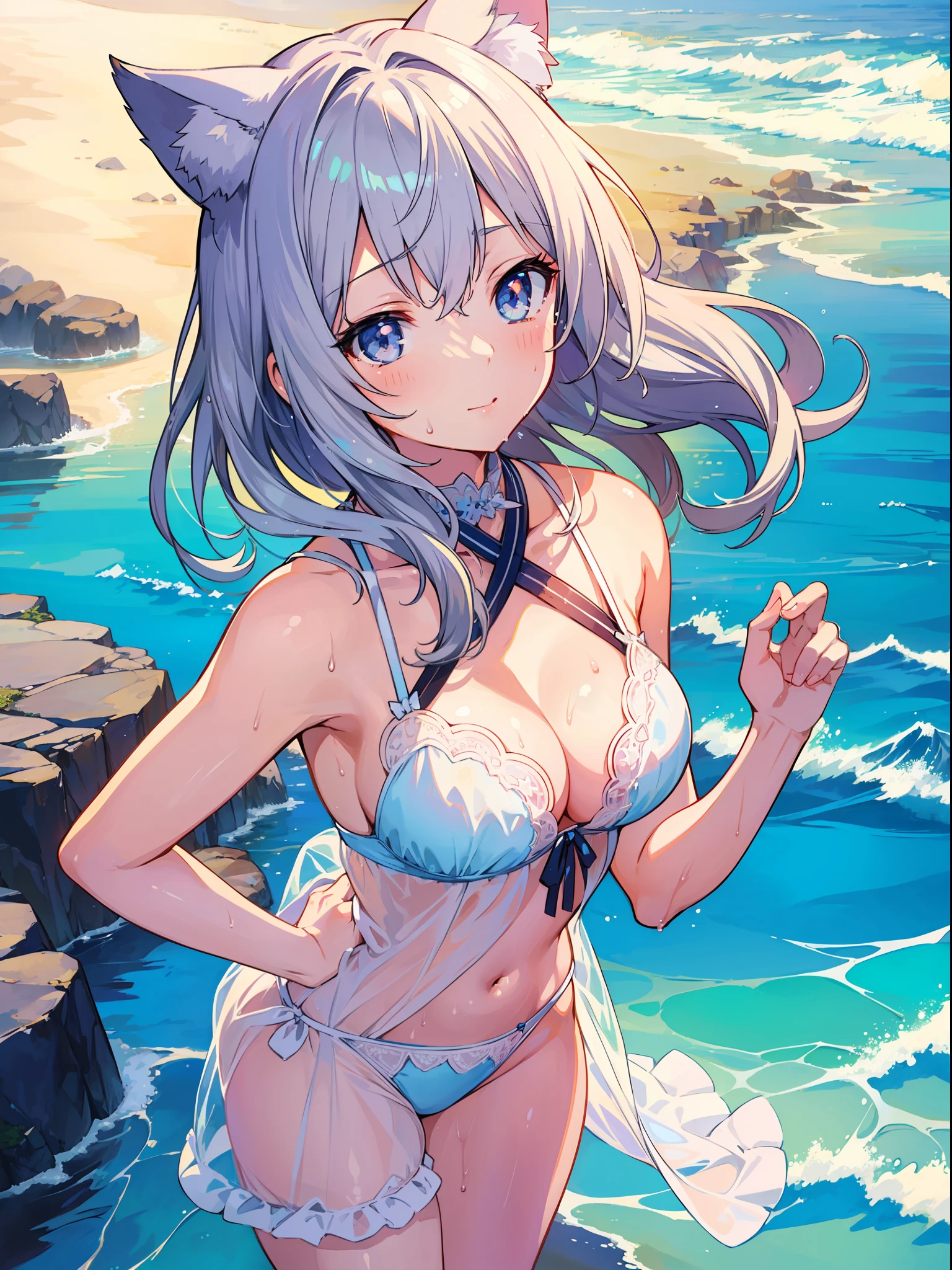 (Masterpiece), (Best Definition Anime Illustration), (Super Definition), One Girl, Solo, Silver-haired Beautiful Girl, Anime , Cat Ear Lolie-Through Sexy Lingerie, Wet Sheer, Beach