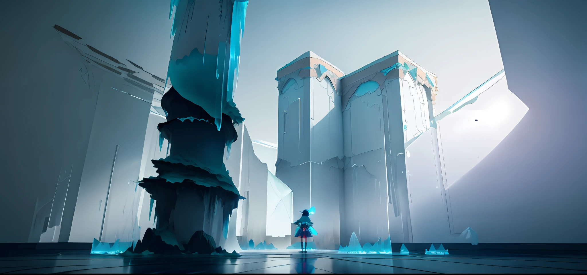 standing on a ledge in a room with ice, mana in the air, an ethereal still, sky, side roller, while she stares at the ceiling, duelyst style, ascending to the sky, vrchat, HD Detail, Ultra Detail, Film, Hyper Realism, Soft Light, Bokeh Deep Focus, Ray Tracing, and Hyper Realism. --v6