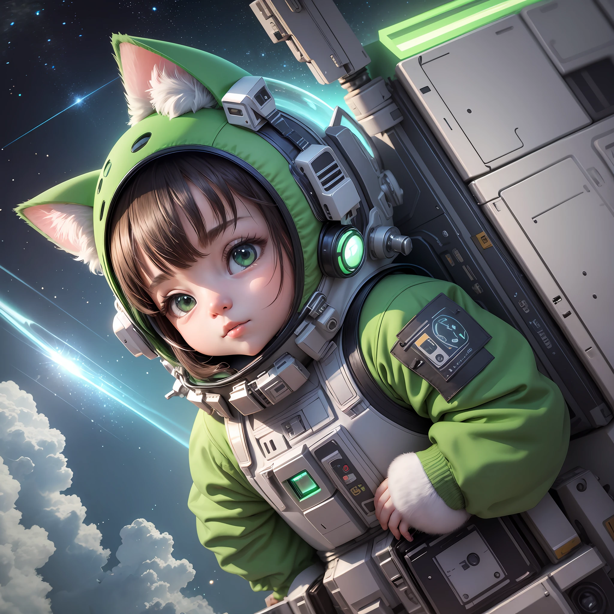 baby cat, futuristic, with elaborate space suit in green, cuddly, realistic, 3d, robotic, aerospace, with real expressions, --auto --s2