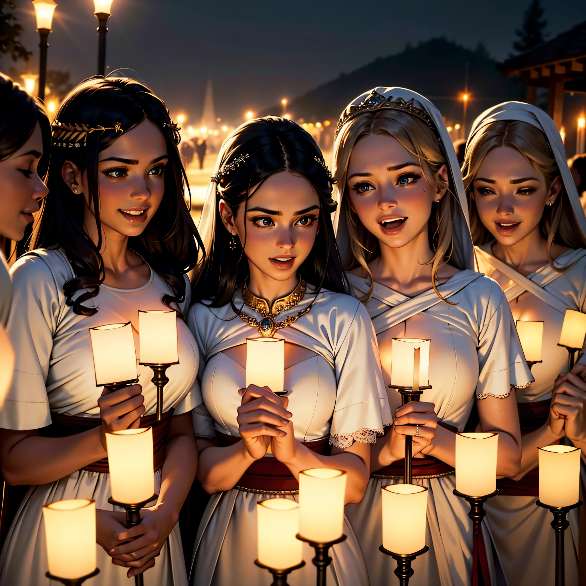 Photo Raw, (masterpiece), (best quality), [(sparkling eyes high details)], (skin high details), [(perfect hands high details)], wedding, 10 young women in tunics carrying lit lamps in hand, they are happy, laughing, epic biblical representation, 8k, UHD, night, cinematic lighting, --s2
