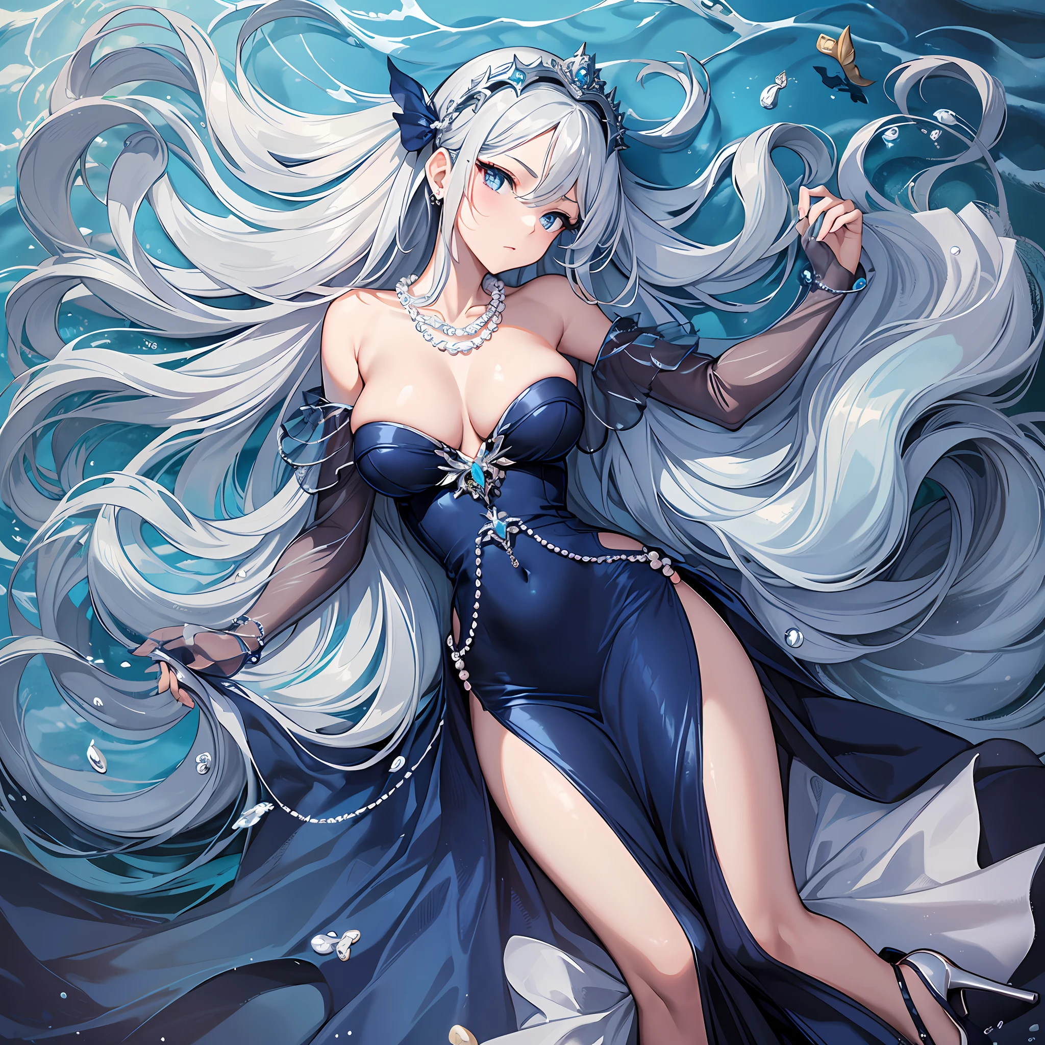 Masterpiece, 30 years age, female, long Silver hair, wearing mermaid headband, pearl necklace, Slanted eyes, blue navy sexy dress, high heels, Style of swimming in the depths of the sea, serious expression, with a sharp gaze, beautiful face, Full body, zoom out