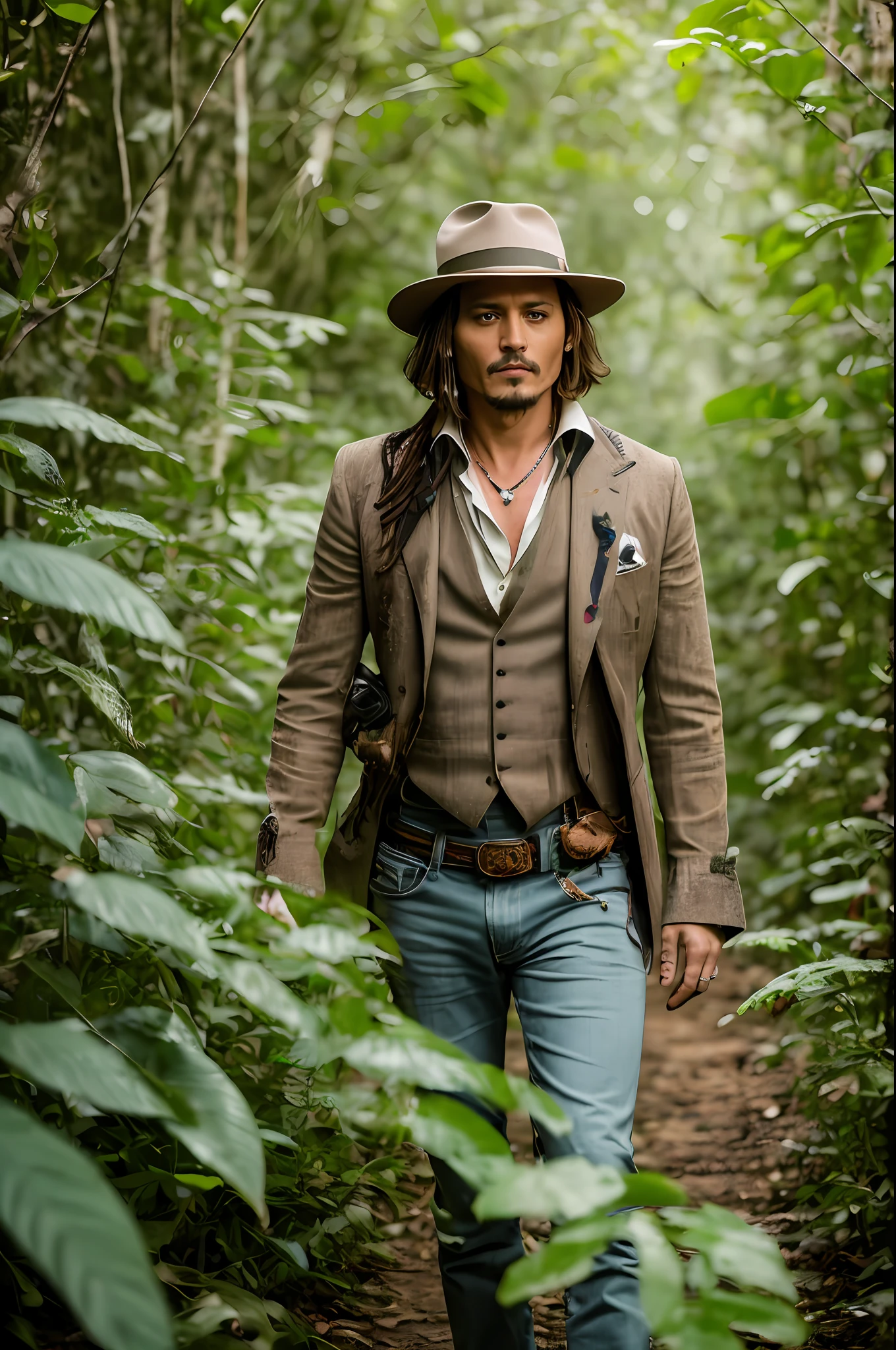 Masterpiece, Johnny Depp Walks Through the Jungle (Night of Fireflies), (High Detail: 1 1), Rough Face, Natural Skin, High Quality, NSFW, Beautiful Eyes, (Detailed Face and Eyes), (Face :1 2), noise, extra, real photo, PSD, light film photography, sharp focus, contrast lighting, detailed skin, high resolution 8k, crazy detail, realistic, professional photography, 8k UHD, DSLR, soft light , high quality, film grain, Fujifilm XT3