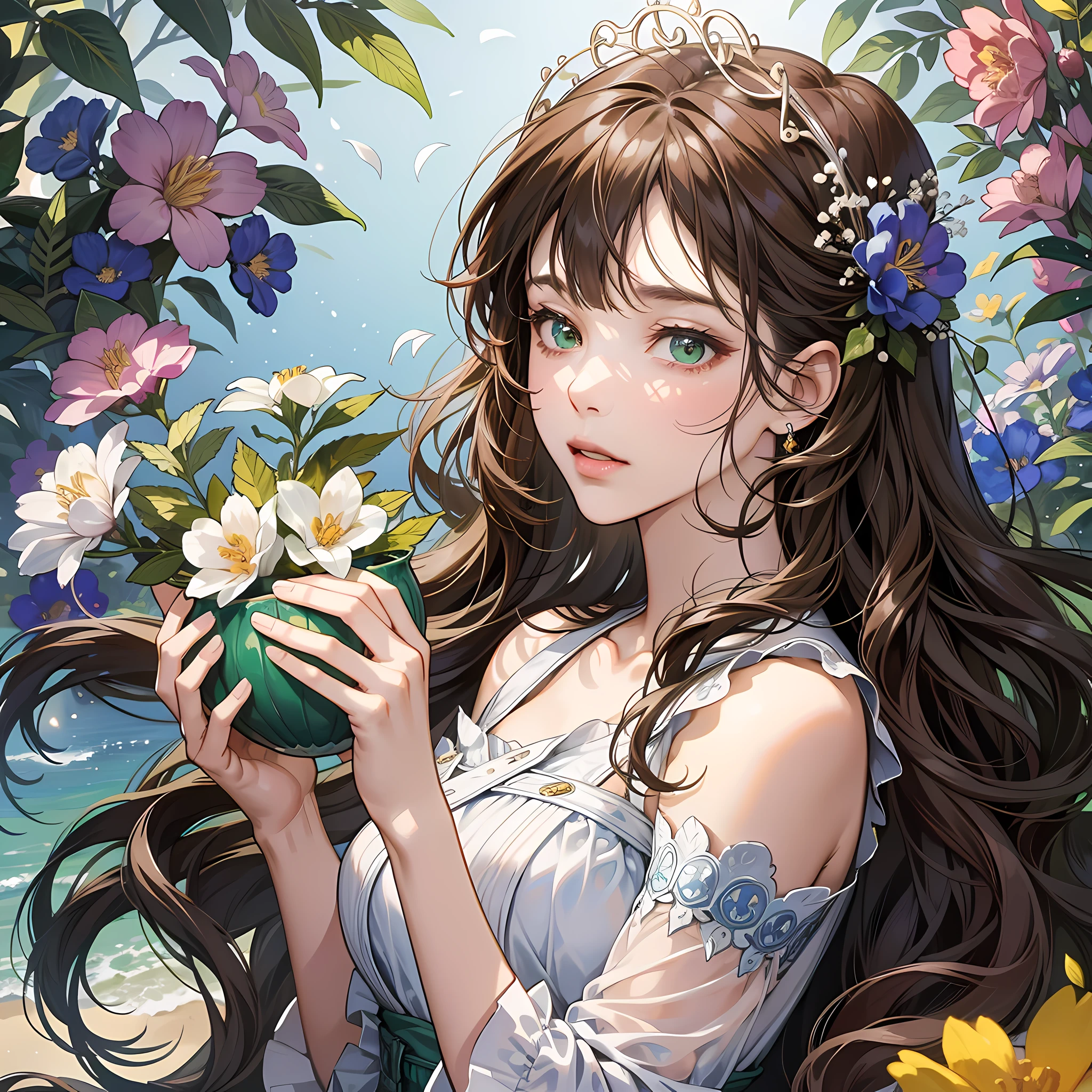 (absurd, highres, ultra detailed), 1girl, mature woman, wavy brown hair, long hair, blunt bangs, green eyes, white dress, finely detailed eyes and detailed face, 8k extremely detailed CG unit wallpaper, intricate details, BREAK, kaleidoscopic images, symmetrical patterns, vibrant colors, geometric shapes, mesmerizing designs, optical illusions, dynamic composition BREAK, pantomime art,  expressive body language, silent narrative, evocative gestures, visual narratives, BREAK theatrical performances, blooming flowers, blue petals, fragrant scents, generosity of nature, vibrant gardens, tranquil landscapes