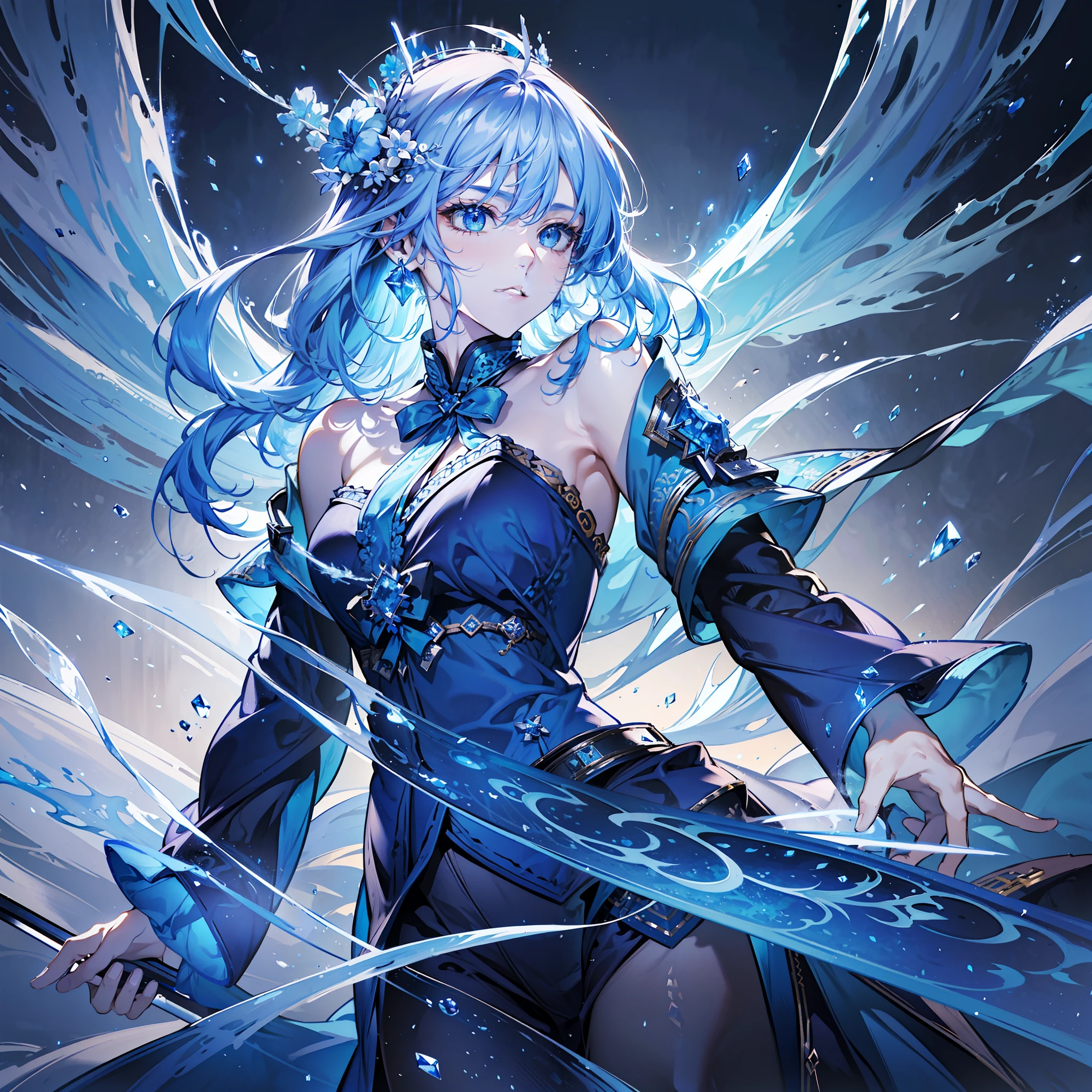 A magician, (loose dress: 1.5), (perfect facial features: 1.4), (blue silk robe), (mysterious magic formation: 1.2), ((ice dragon)), (ice crystal scales), blue light, (frost wings), powerful ice magic, icicles, towering into the clouds, blue cold light, ice storm, cold wind, flying ice and snow, spectacular effects, best quality, masterpiece, super high resolution, fine details, complex details, 8K resolution, 8KUCG wallpaper, HDR, aqua blue, magic array, cinematic lighting, chiaroscuro, ray tracing, NVIDIA RTX