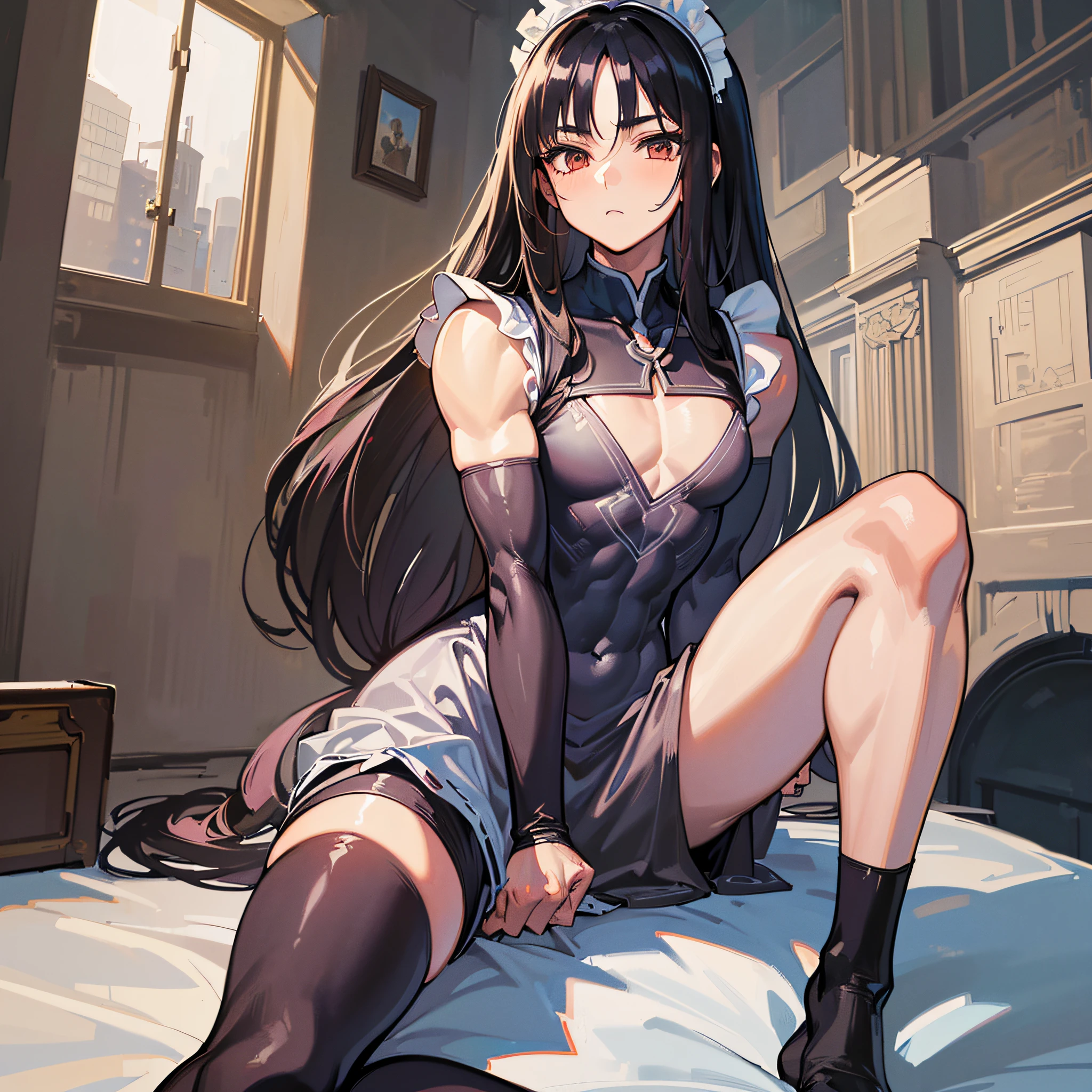 ((Masterpiece)), ((Highest Image Quality)), ((Best Quality)), (Illustration of One Girl), Long Black Hair, (Flat)), (Small), (Tall), (((Muscular Strong Body)), ((Muscular Chest Plate)), ((Muscular and Thick Arms)), ((Muscular and Thick Legs)), (Manspreading)), Open Legs, (((Maid Clothes)), Indoors, Bed,