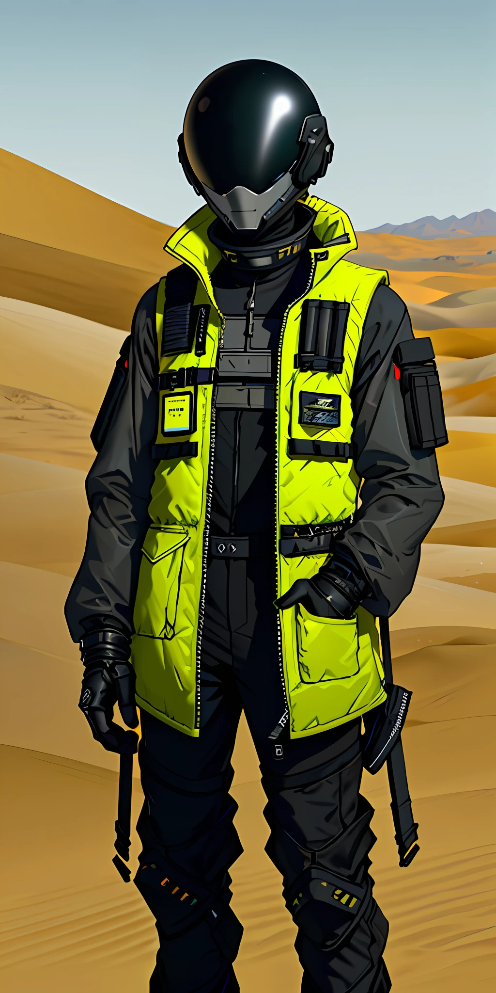 there is a man in a helmet and a coat standing in the desert, techwear look and clothes, wearing space techwear, future techwear, model is wearing techtical vest, techwear clothes, futuristic techwear, techwear fashion, techwear, wearing techwear and armor, focus on anti-g flight suit, wearing urban techwear, wojtek fus