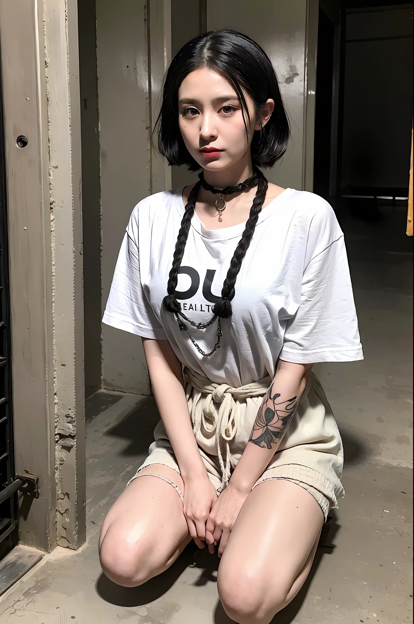 (8k:1.27), best quality, masterpiece, ultra highres:1.2), lesbian delinquent girl with medium length hair and arm tattoos, tattooed girl, full body picture, dirty old white oversized knotted prisoner t-shirt, dirty big t-shirt with prisoner number written in t-shirt, short big sleeves, orange prisoner pants tied with a rope, wearing dirty old goth clothes, shoulder length black bob hairstyle, black hair pulled back snooki style, kneeling in a prison cell next to a noose, handcuffed, hands tied with rope behind body, submissive neck choker and checkered keffiyeh scarf in neck, 4k or 8k picture, looking at the floor down very sad, very sad face, praying, paisley bandana pirate style headscarf, smelly, barefoot, rope noose hanging from ceiling, tattooed body, noose rope hanging