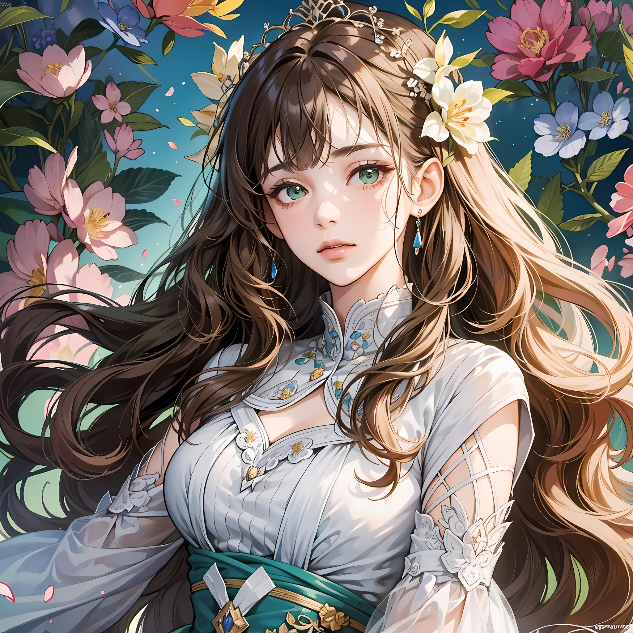 (absurd, highres, ultra detailed), 1girl, mature woman, wavy brown hair, long hair, blunt bangs, green eyes, white dress, finely detailed eyes and detailed face, 8k extremely detailed CG unit wallpaper, intricate details, BREAK, kaleidoscopic images, symmetrical patterns, vibrant colors, geometric shapes, mesmerizing designs, optical illusions, dynamic composition BREAK, pantomime art,  expressive body language, silent narrative, evocative gestures, visual narratives, BREAK theatrical performances, blooming flowers, blue petals, fragrant scents, generosity of nature, vibrant gardens, tranquil landscapes