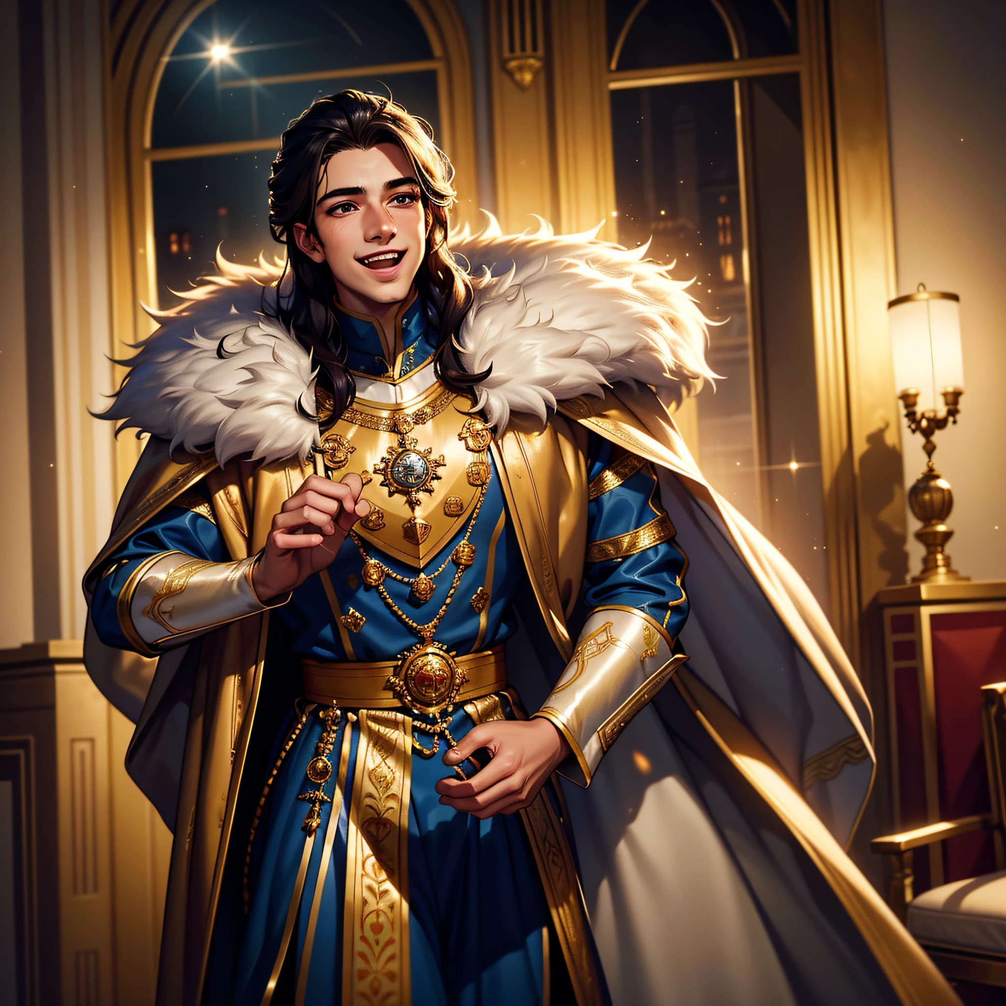 Photo Raw, (masterpiece), (best quality), [(sparkling eyes high details)], (skin high details), [(perfect hands high details)], wedding, 1young man with royal costumes and tunic getting into royal hall fur, he is happy, laughing, epic biblical representation, 8k, UHD, night, cinematic lighting, --s2