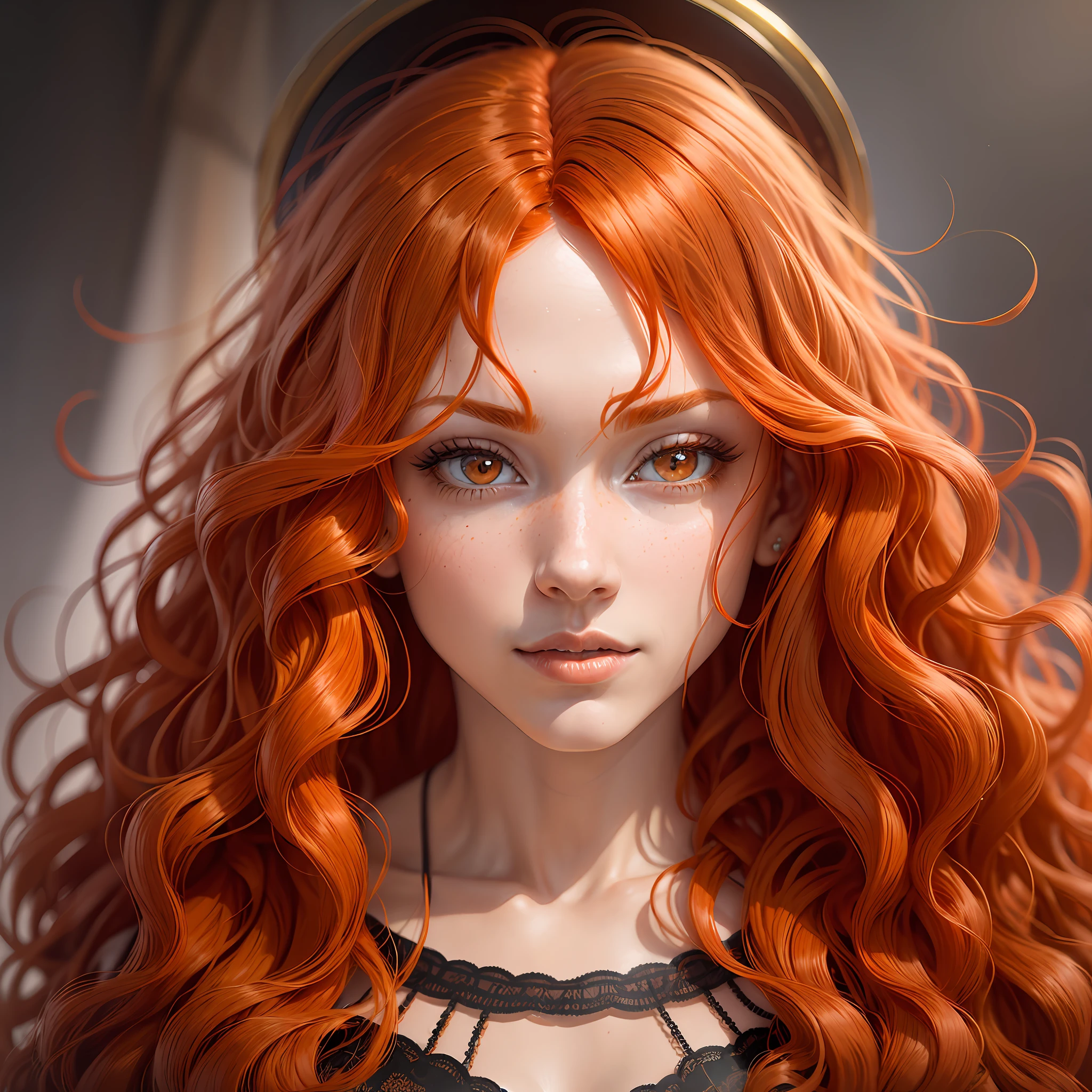 masterpiece, beautiful details, colorful, fine details, intricate details, 1 woman,a woman with long red and orange hair, orange hair, curly, long orange hair, bright orange hair, wavy ginger hair, long wavy orange hair, ginger hair, with curly red hair, red head, curly copper colored hair, bright orange hair, she has long redorange hair,  curly red hair, red curly hair, orange skin and long burning hair ( photograph:1.1), (photorealistic:1.4), (spy:1.2), lens reflection, seen from the front, , (3X4 pose),(STUDIO) --auto --s2