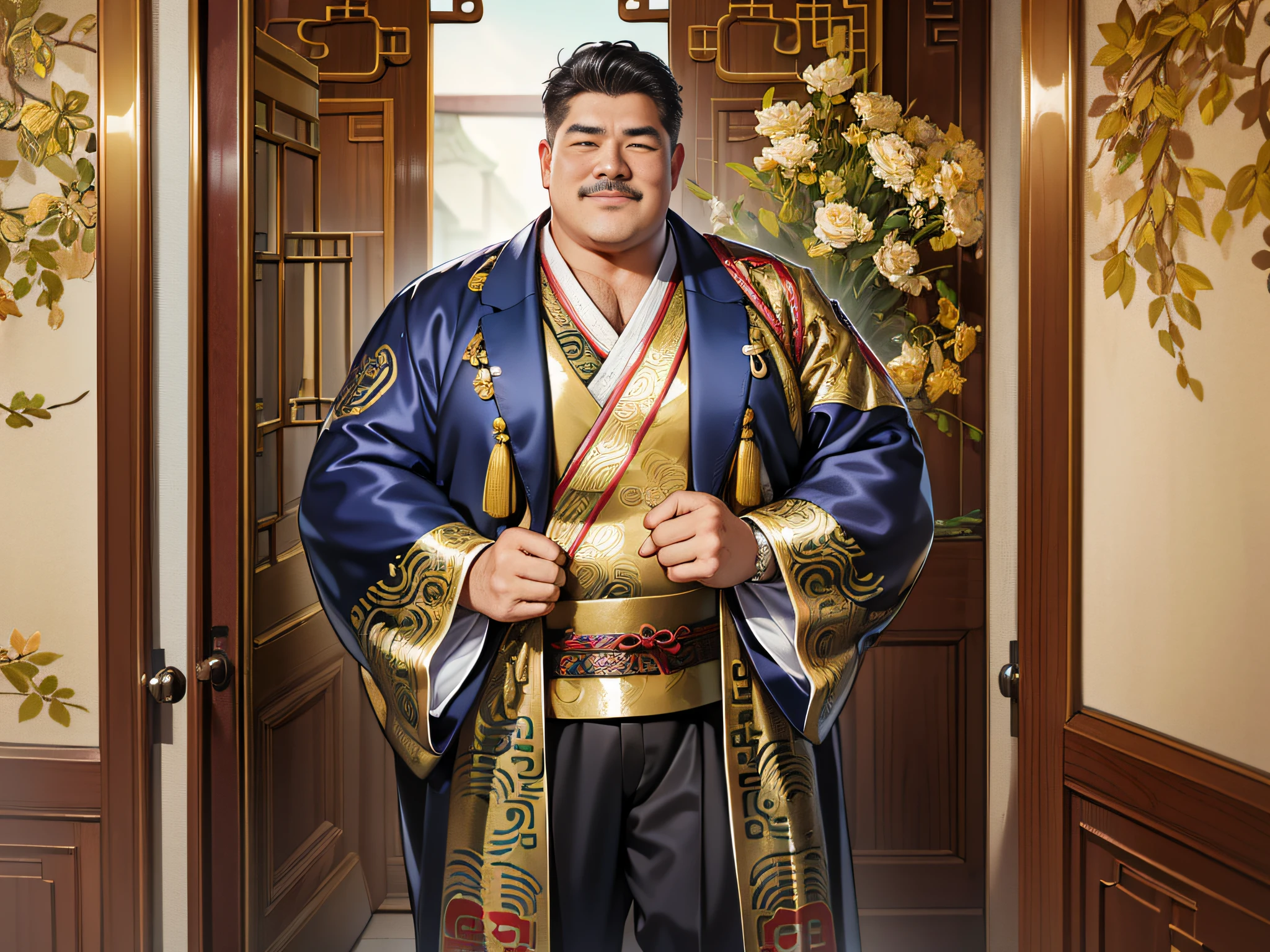 (ridiculous, high resolution, super detailed, realistic,), 1 middle-aged fat man, standing outside the door, 50 years old, nodding happily, hands on his back, head down, happy, happy, Qing dynasty style, gold theme robe, greasy, rich, rich man, room, ancient Chinese style, HD photo.