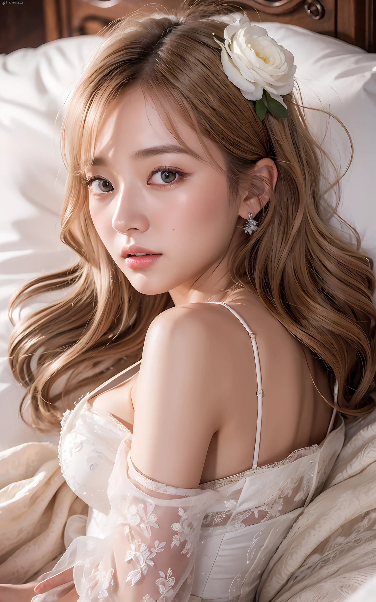 Highly detailed CG Unity 8k wallpaper, top quality, super detailed, masterpiece, realistic, photorealistic, very detailed cute girl, (25 years old), blush, round eyes, semi-body shot, white wedding dress, lying, bed