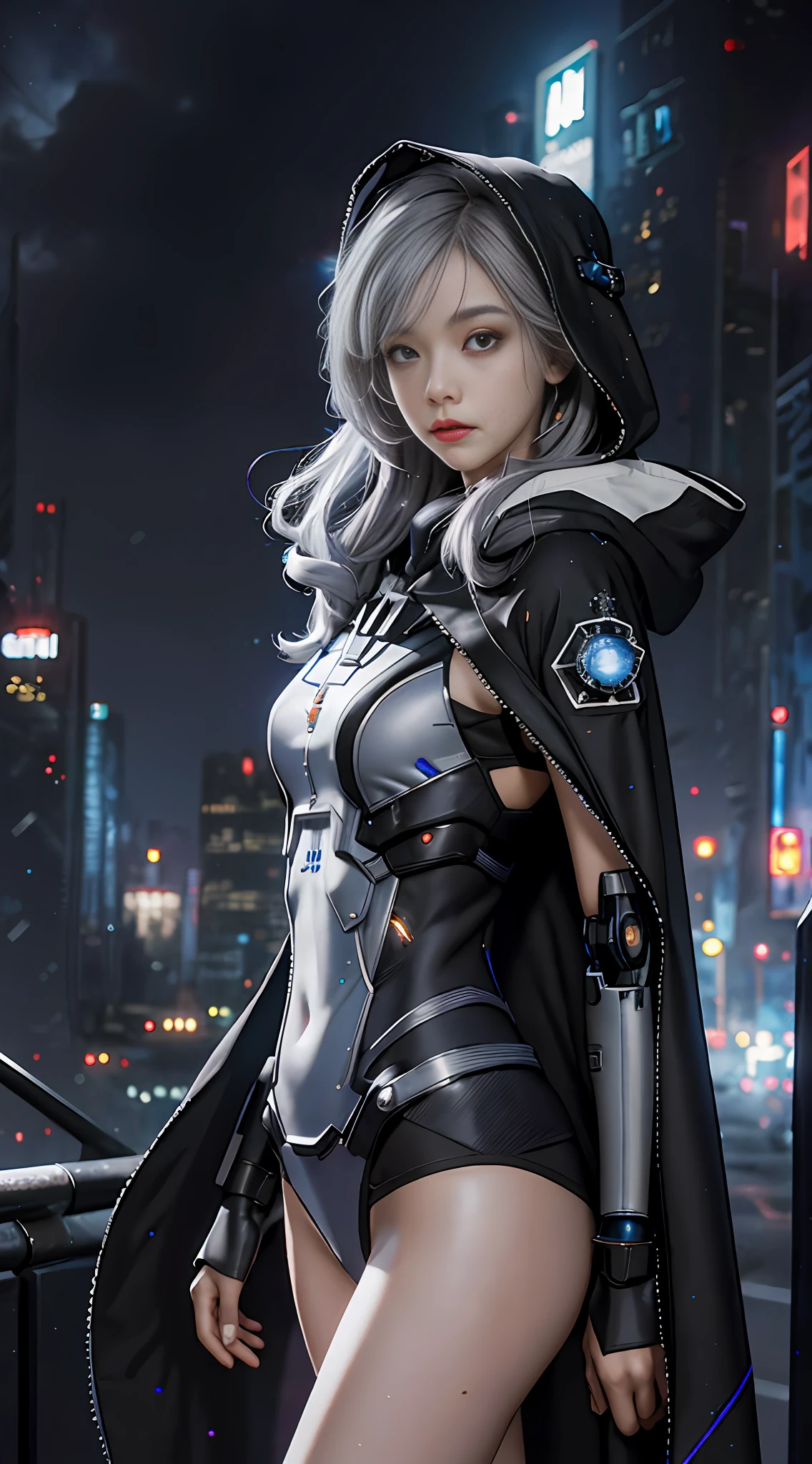 Masterpiece, best quality, 4k, mecha, starry sky, stars \ (sky\), cape, hair ribbon, slim legs, hood, long hair, gray hair, cyberpunk, depth of field