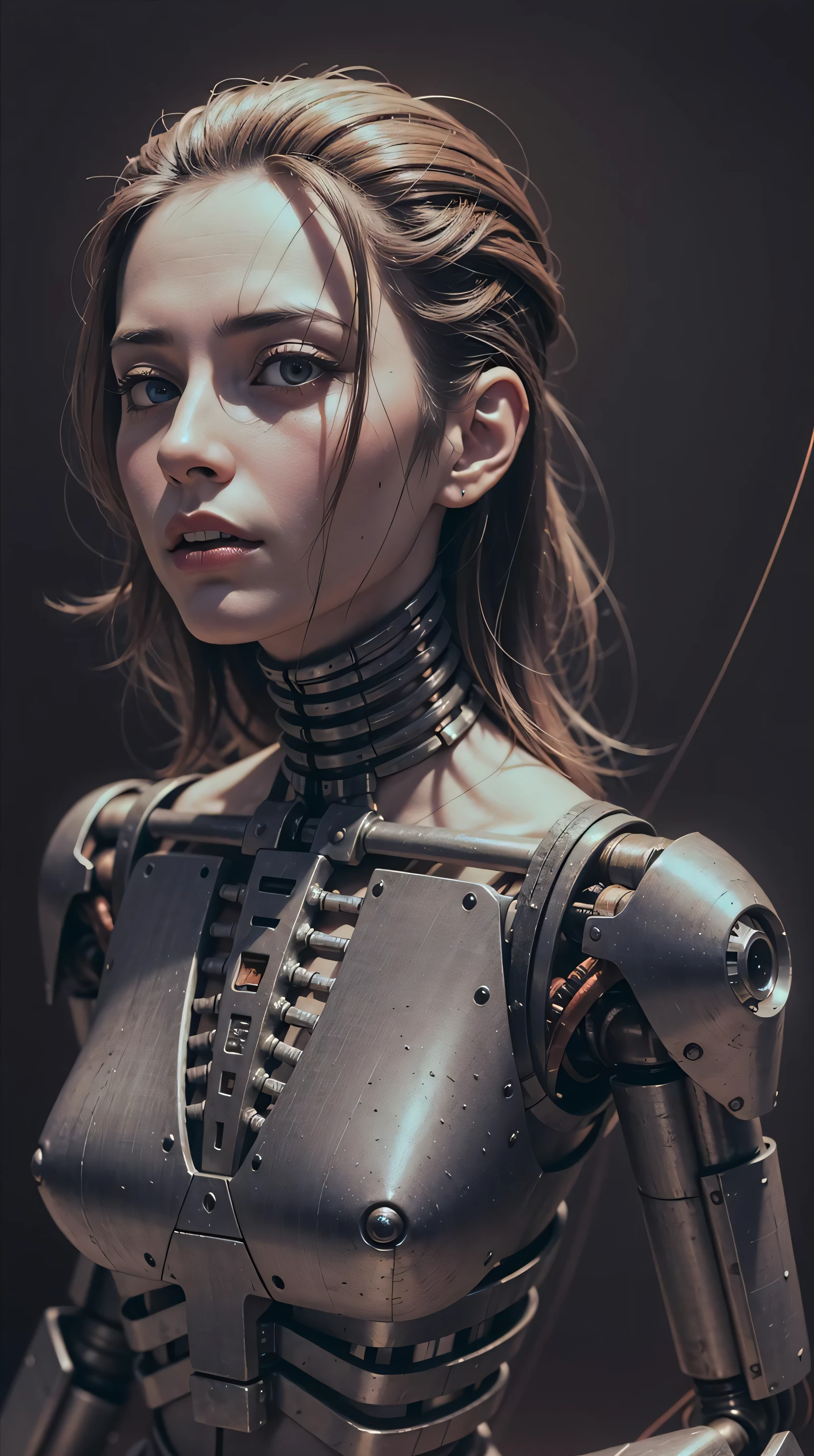 Ray tracing, (masterpiece,best quality:1.3), (ultra-detailed:1.3), (photo-realistic:1), (an extremely delicate and beautiful), cinematic light,(1mechanical girl), (hair made of copper wires), solo, full body, (machine made joints), (((mechanical lower jaw only))), mechanical limbs, blood vessels connected to tubes, mechanical vertebra attaching to back,(mechanical cervical attaching to neck), (((red glowing eyes))), bio-mechanical, hr giger style, zdzislaw beksinski skyle, metallic skeletal bones, exoskeleton, sitting,expressionless, (assembling body parts),(wires and cables attaching to neck and body), (wires and cables attaching to spine and, (intricate details:1) character focus, science fiction, RAW photo, cinematic masterpiece, (majestic epic composition), (movie scene), full shot, epic dynamic frame, dynamic pose, motion blur, sci-fi, cyber, (((cinematic look))), rim light, film grain, natural skin texture, 24mm, 4k textures, (highly detailed worn metal texture:1.3),