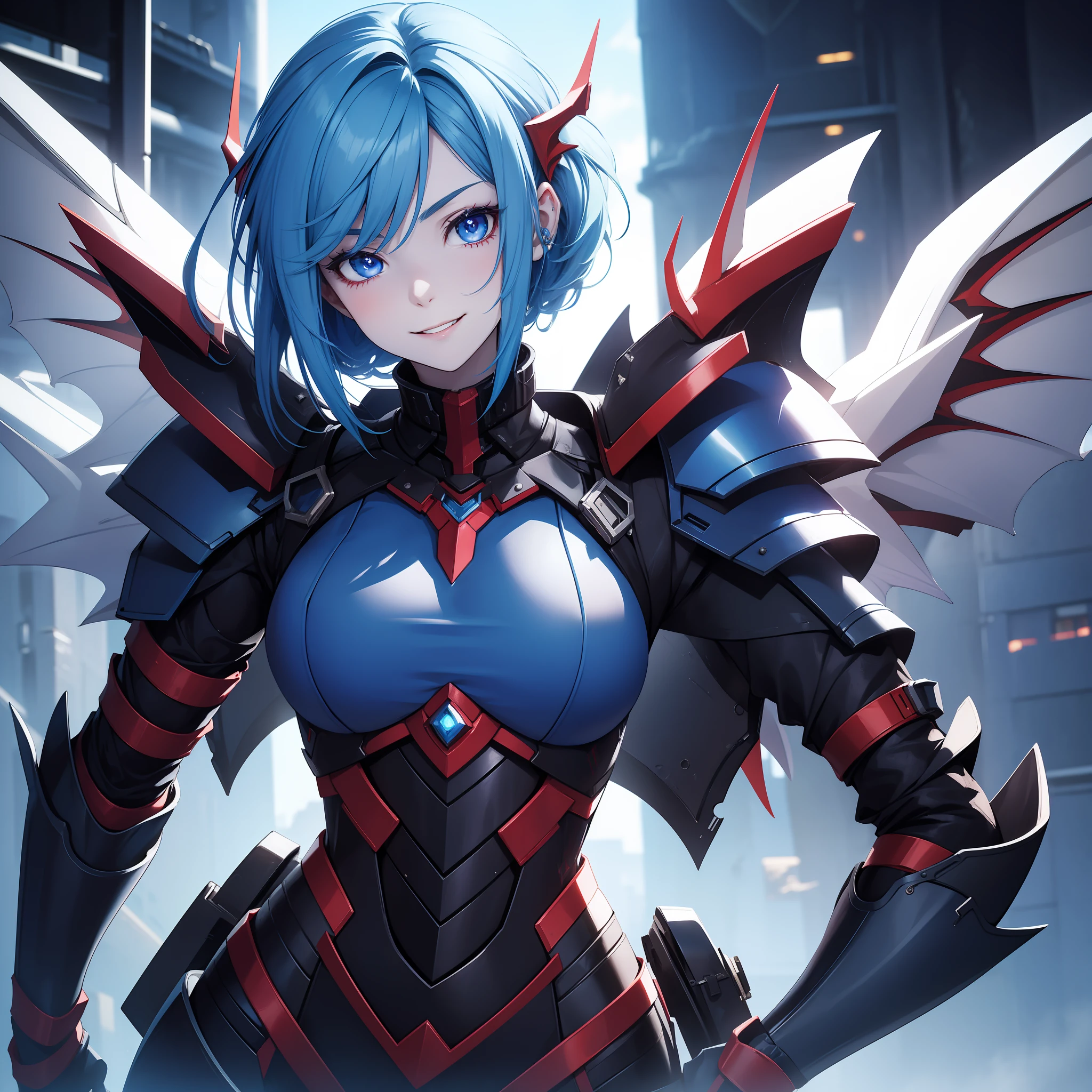 Half-dragon girl, 25 years old, pale skin, medium strong blue hair, cherry eyes, dark blue mechanical armor, proud smile, mechanical wings