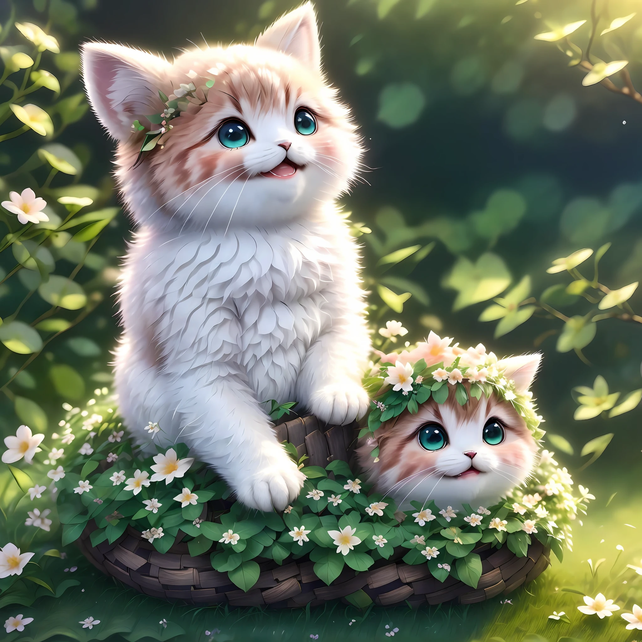 , Realistic, Hairy, (Dressed Animal), Cheek, Full Body, Non-human, Smile, Glittering Eyes, Miniature, Sitting on a Tree Branch, Lying Down