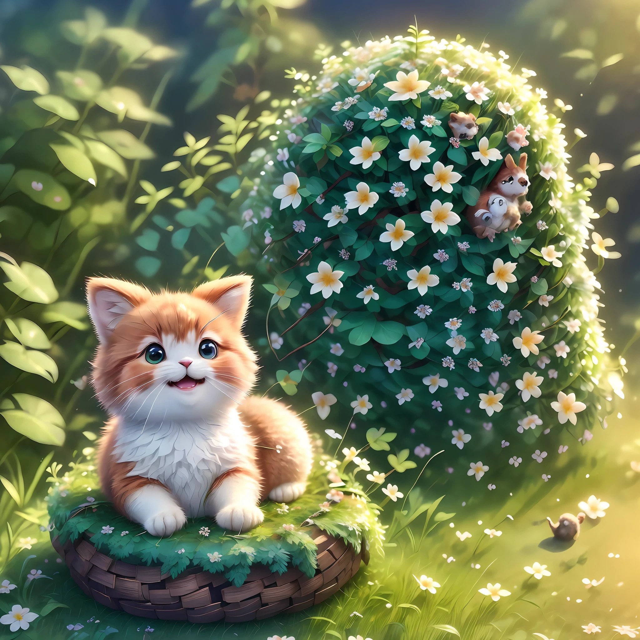 , Realistic, Hairy, (Dressed Animal), Cheek, Full Body, Non-human, Smile, Glittering Eyes, Miniature, Sitting on a Tree Branch, Lying Down