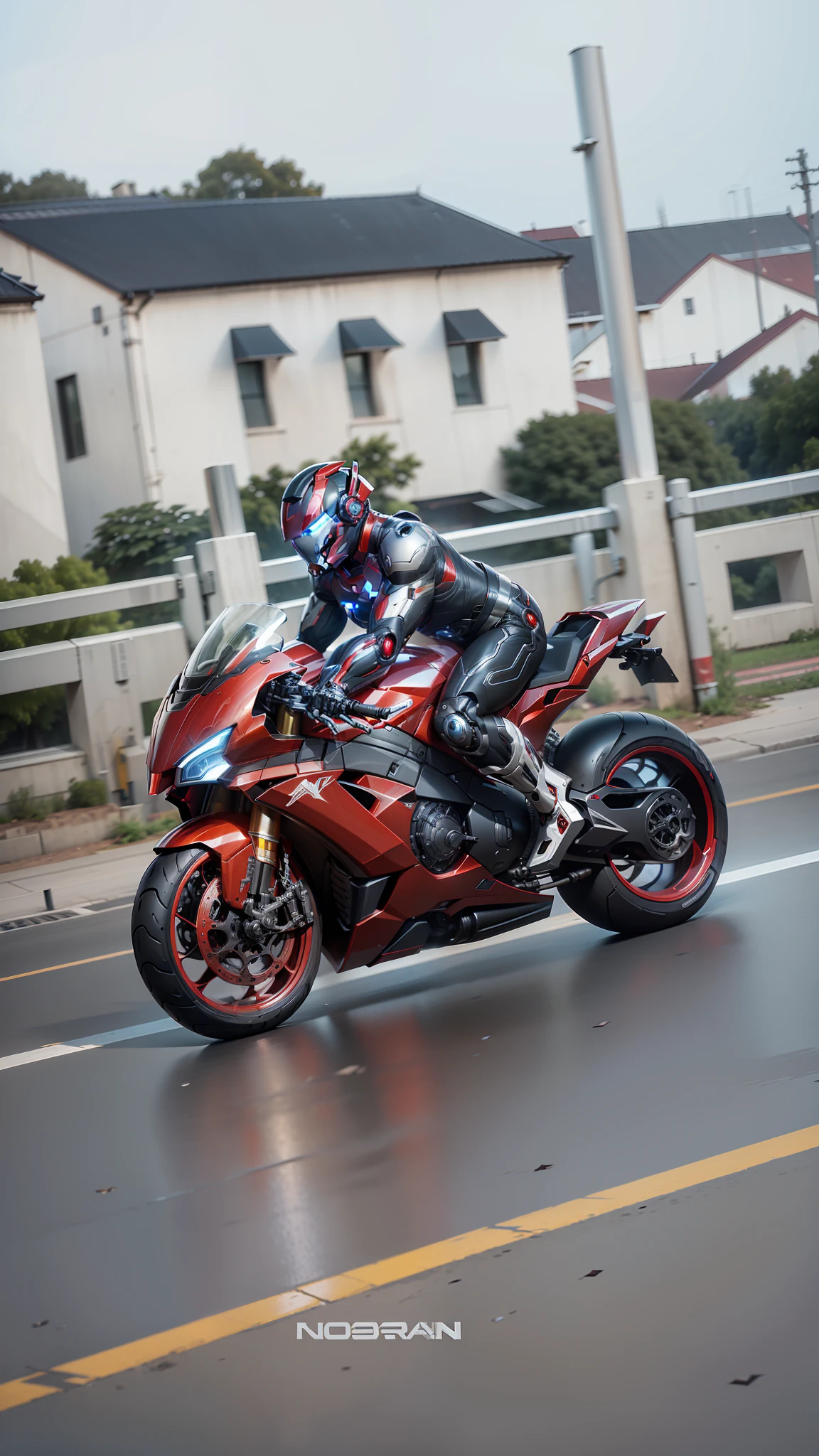 Mighty Cyber Iron Man and Cyber Mechanical Motorcycle wearing high-tech armor, Nousr, biomechanics, MSHN Robot Man, high-tech helmet, surreal, steel, intricate design, crazy details, fine details, extremely clear lines, cinematic lighting, photo realistic, detailed masterpiece
