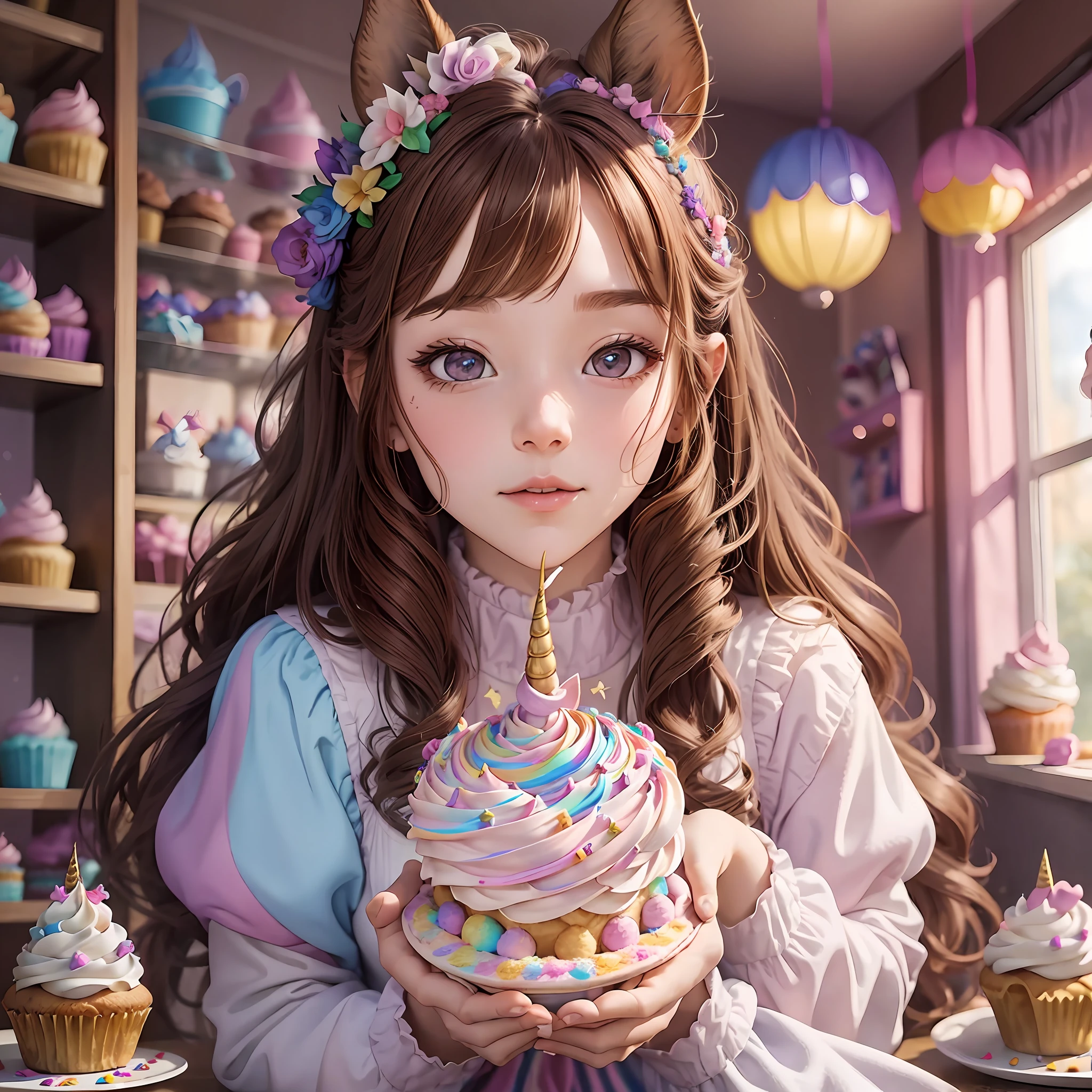 Together with the unicorn, the girl with the brown hair conjured up bright unicorn cupcakes, fluffy rainbow waffles and magical icing and a pinch of unicorn dust --auto --s2