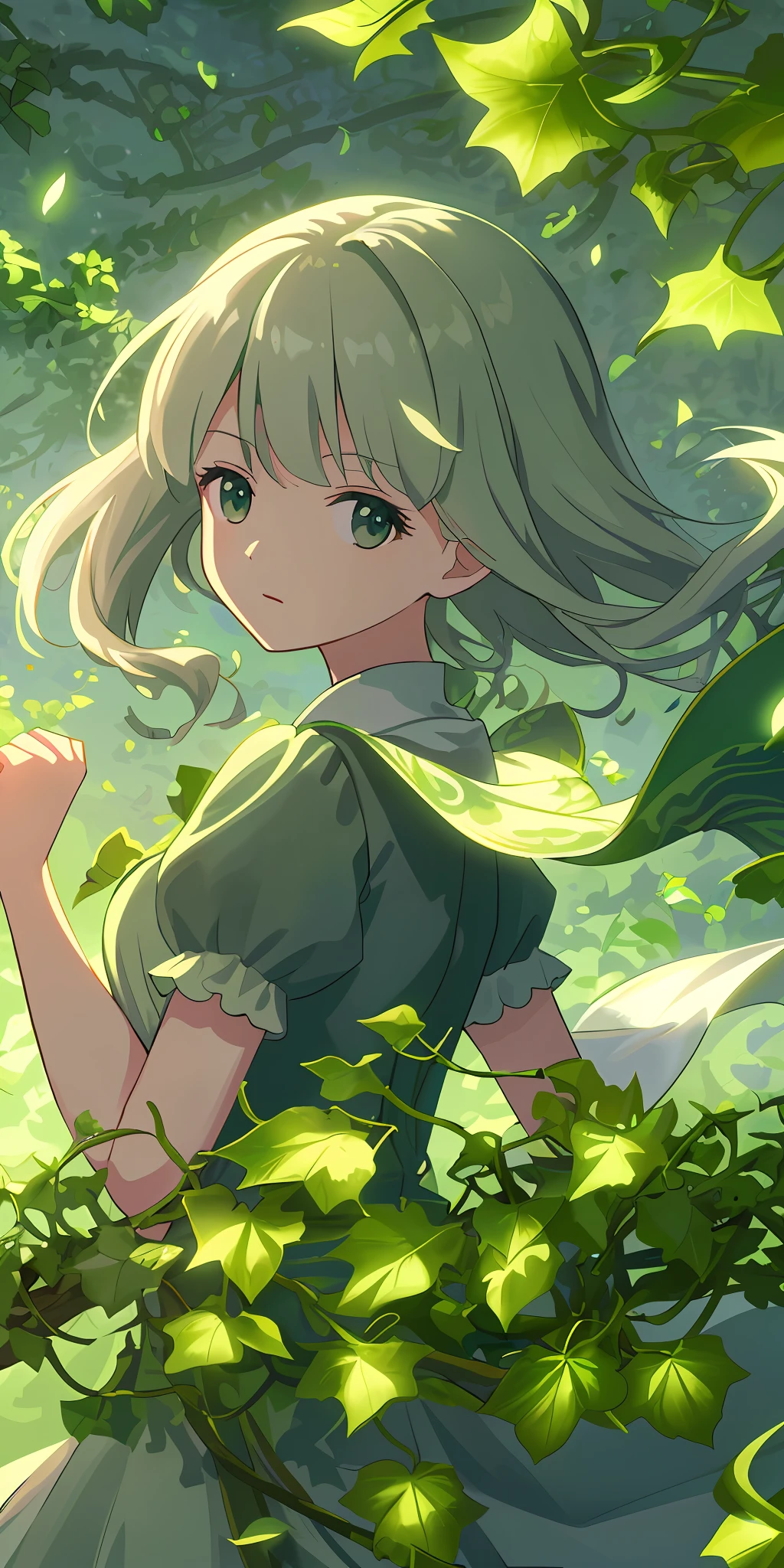 Masterpiece, Best Quality, (Very Detailed CG Unity 8k Wallpaper) (Best Quality), (Best Illustration), (Best Shadows) Nature's delicate leaves petals of various ivy, quadrangular leaves, leaves swirling in the sky, swirling in the air, dynamic moving light, wind, tracking, super detailed --v6