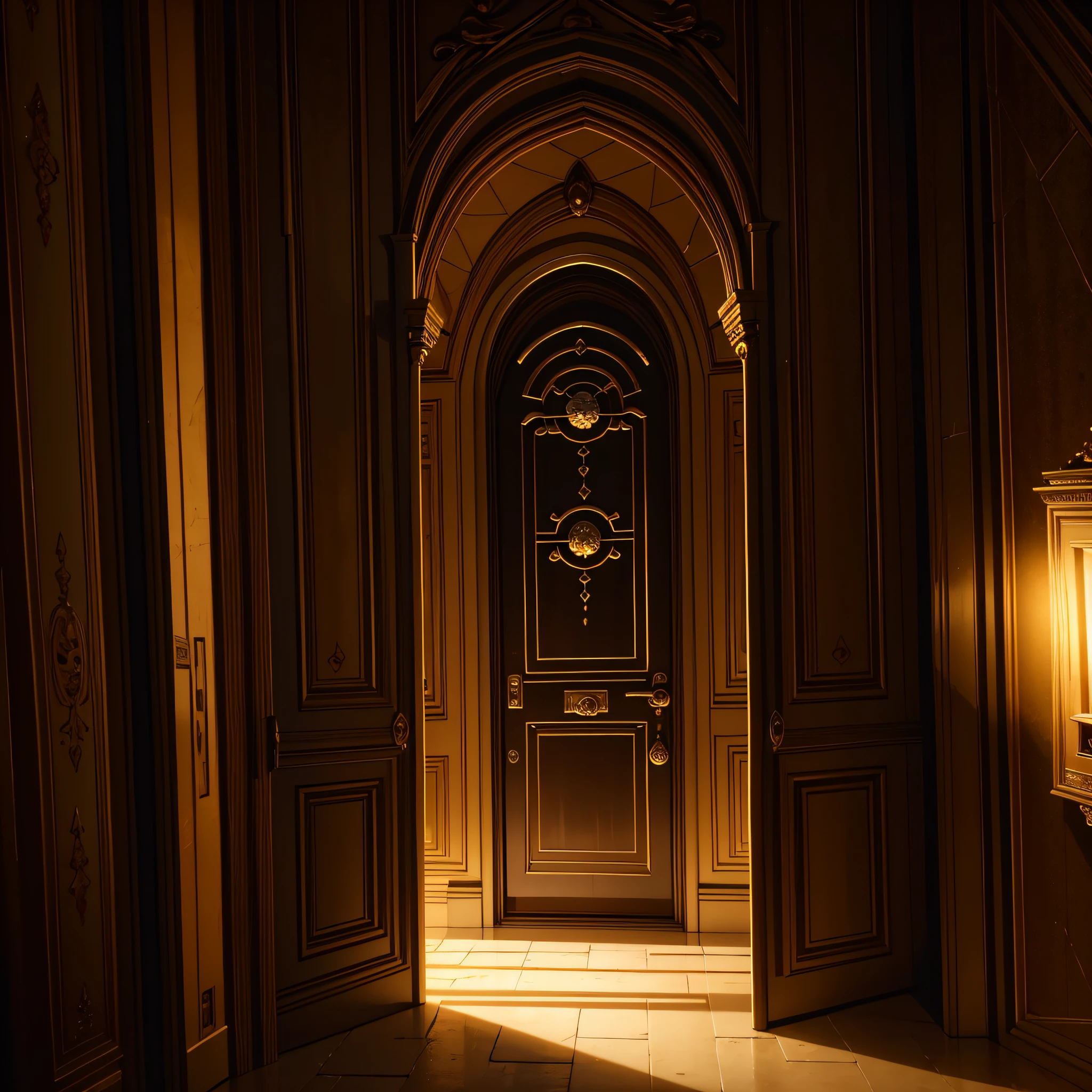 Photo Raw, (masterpiece), (best quality), royal hall with closed door, epic biblical representation, 8k, UHD, night, cinematic lighting, --s2