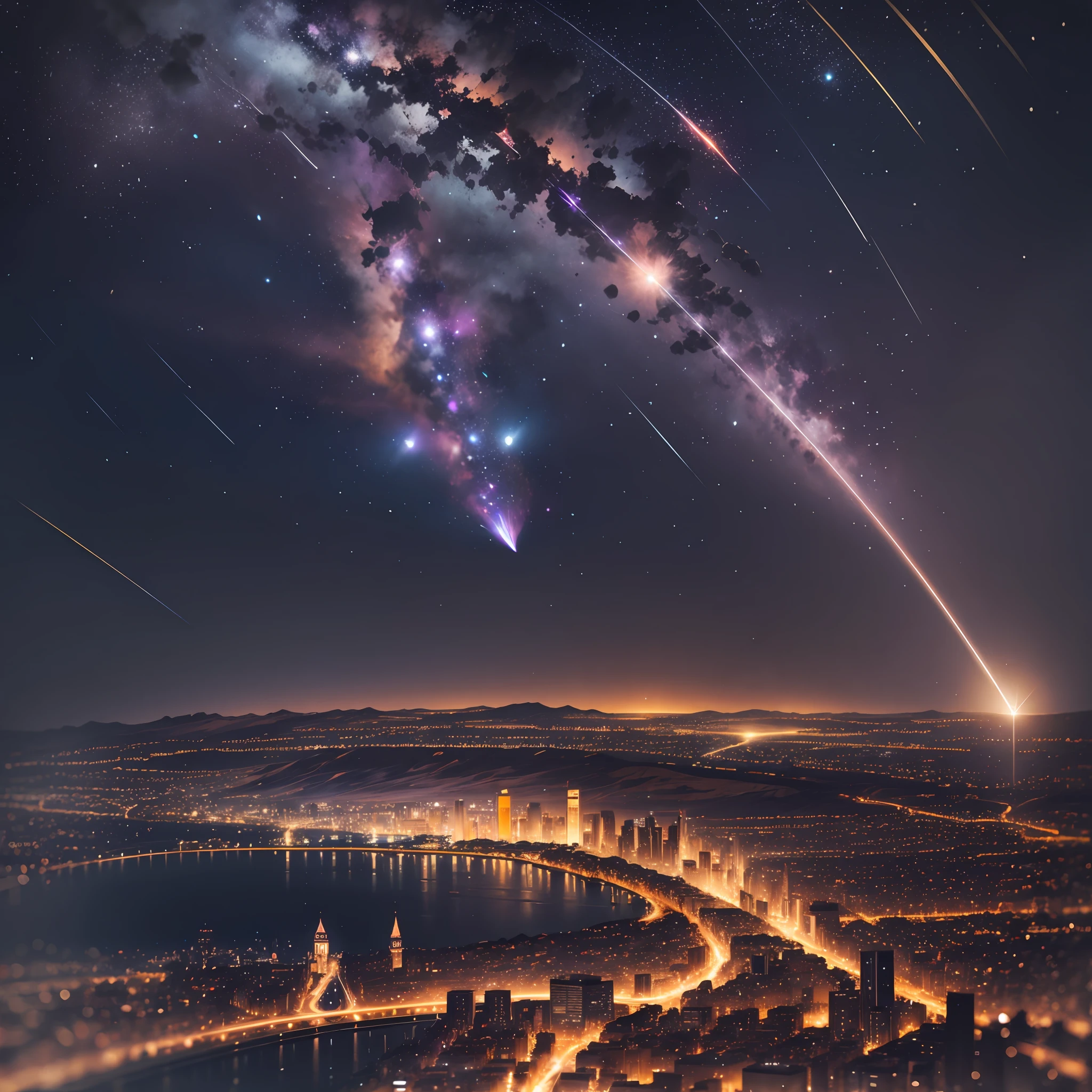 Meteor falling at night in an illuminated city
