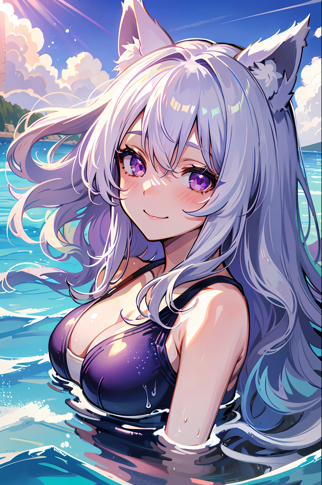 1girl, dynamic angle, depth of field, long white hair, purple eyes, wolf girl, wolf ears, fluffy tail, open smile, water, splash, waves, blush, (colorful), light particles, light rays, swimsuit, blue sky, cloud, sunny, sun