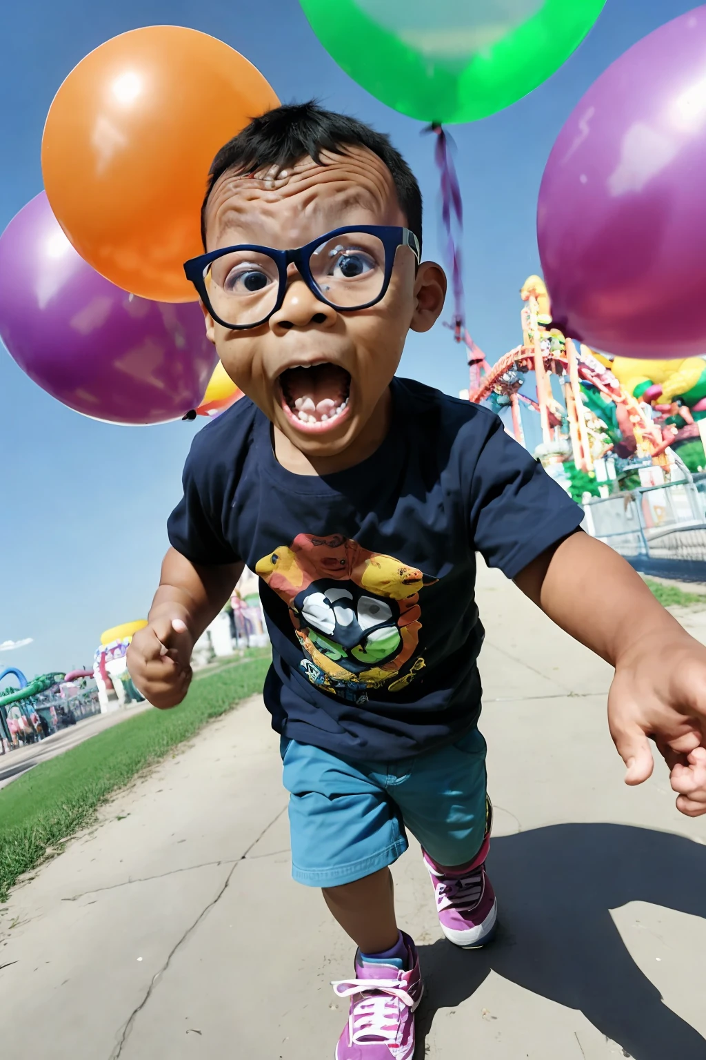 guttonerdreliberate1, (SFW), 3--old , bespectacled, running, amusement park, holding balloons, happy, happy, perfect quality, clear focus, colorful, perfect face, intricate details, ultra-low viewing angle, wide-angle lens --v 6