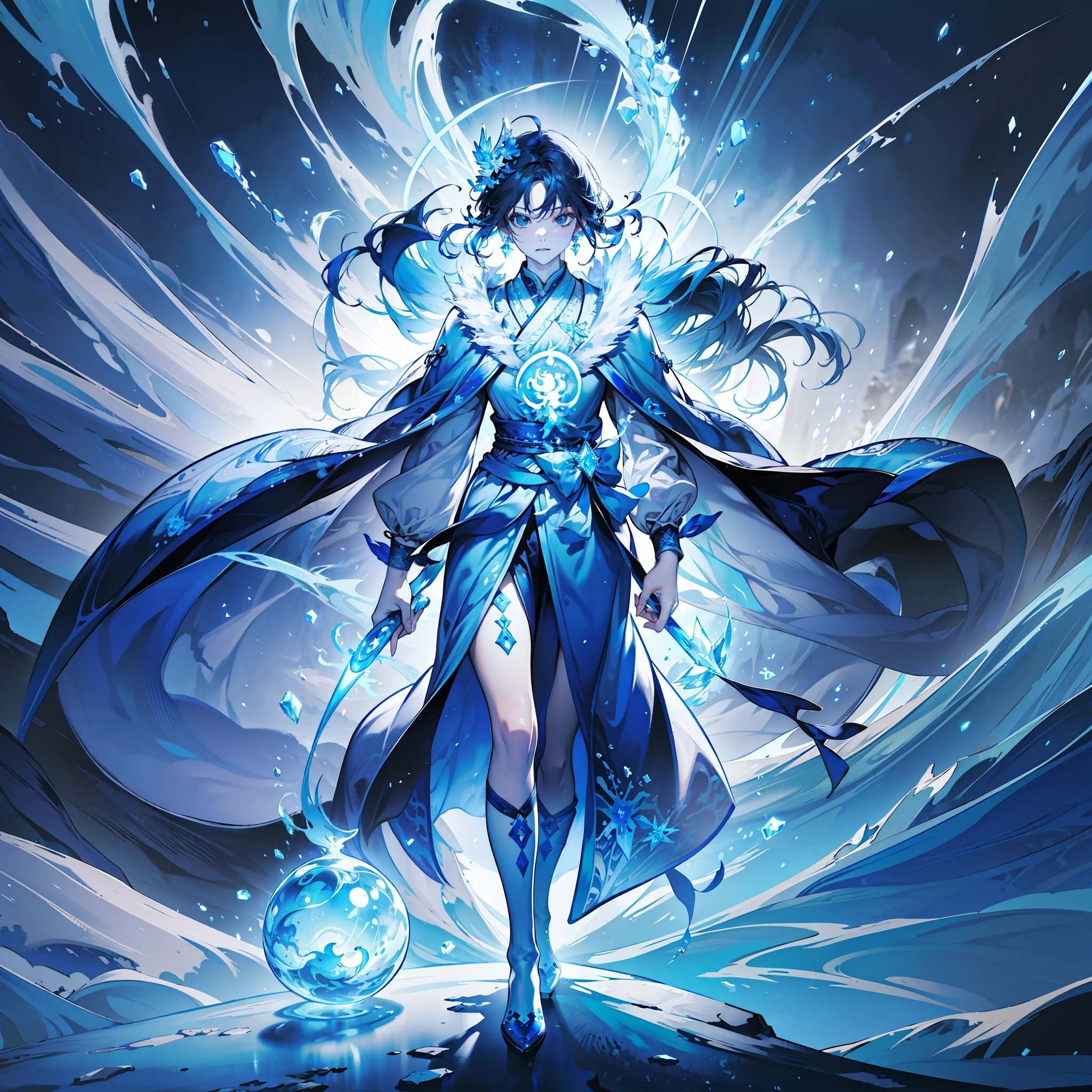 A magician, (loose dress: 1.5), (perfect facial features: 1.4), (blue silk robe), (mysterious magic formation: 1.2), ((ice dragon)), (ice crystal scales), blue light, (frost wings), powerful ice magic, icicles, towering into the clouds, blue cold light, ice storm, cold wind, flying ice and snow, spectacular effects, best quality, masterpiece, super high resolution, fine details, complex details, 8K resolution, 8KUCG wallpaper, HDR, aqua blue, magic array, cinematic lighting, chiaroscuro, ray tracing, NVIDIA RTX