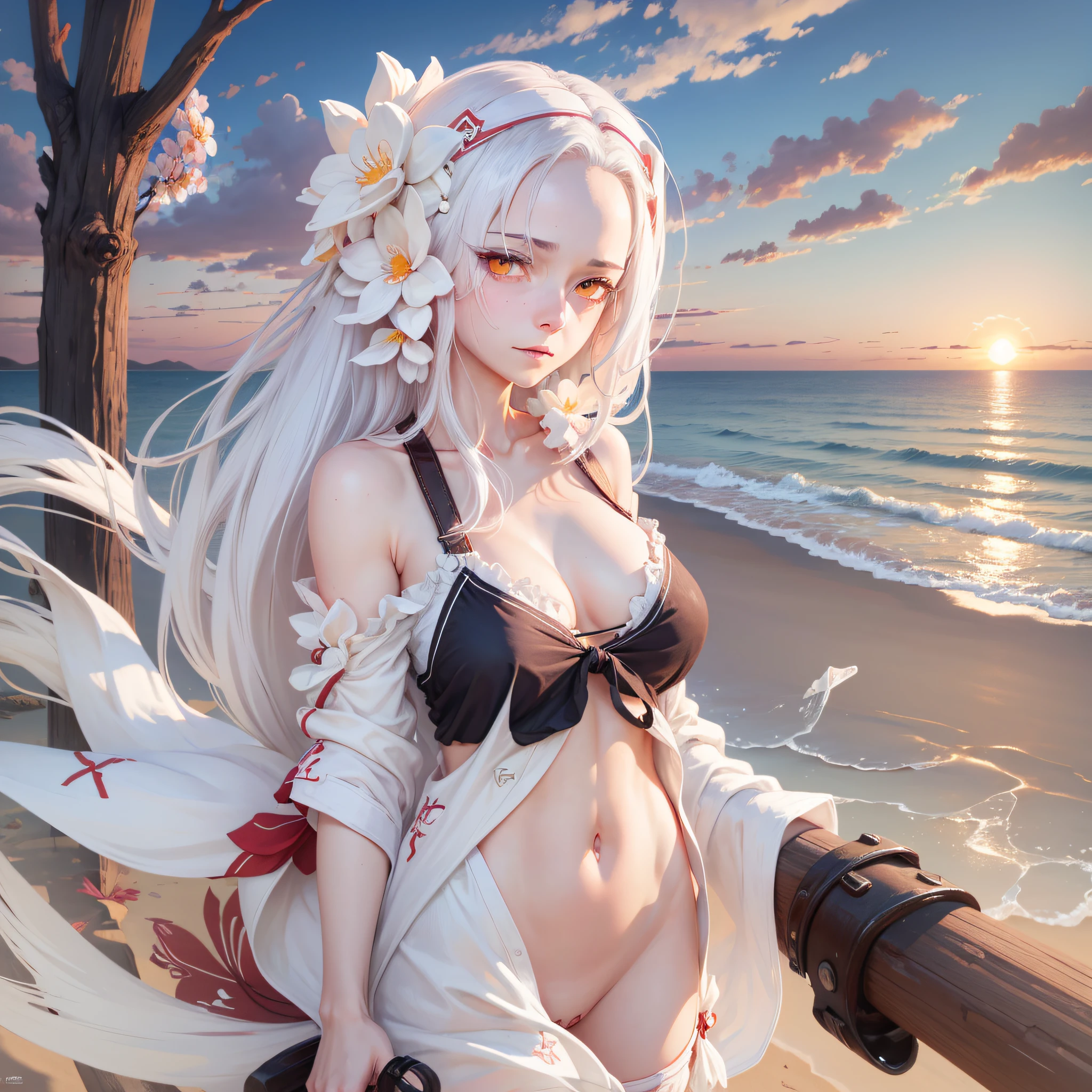 Lori, white hair, cute, red eyes, leaky chest, no panties, seaside, sunset, headband flowers, wind --auto --s2